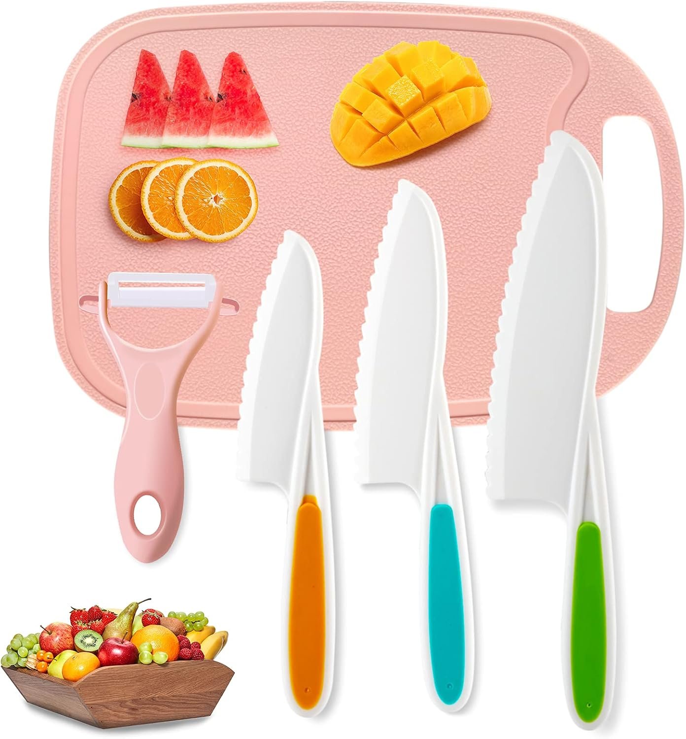 Kids Knifes Set,Nylon Knives Safe Baking Cutting Cooking Children’s Beginners Cut Fruits Salad Veggies CakeFun Firm Grip Serrated Edges Friendly Childrens Knife With Cutting Board Peeler 5Pack (pink)