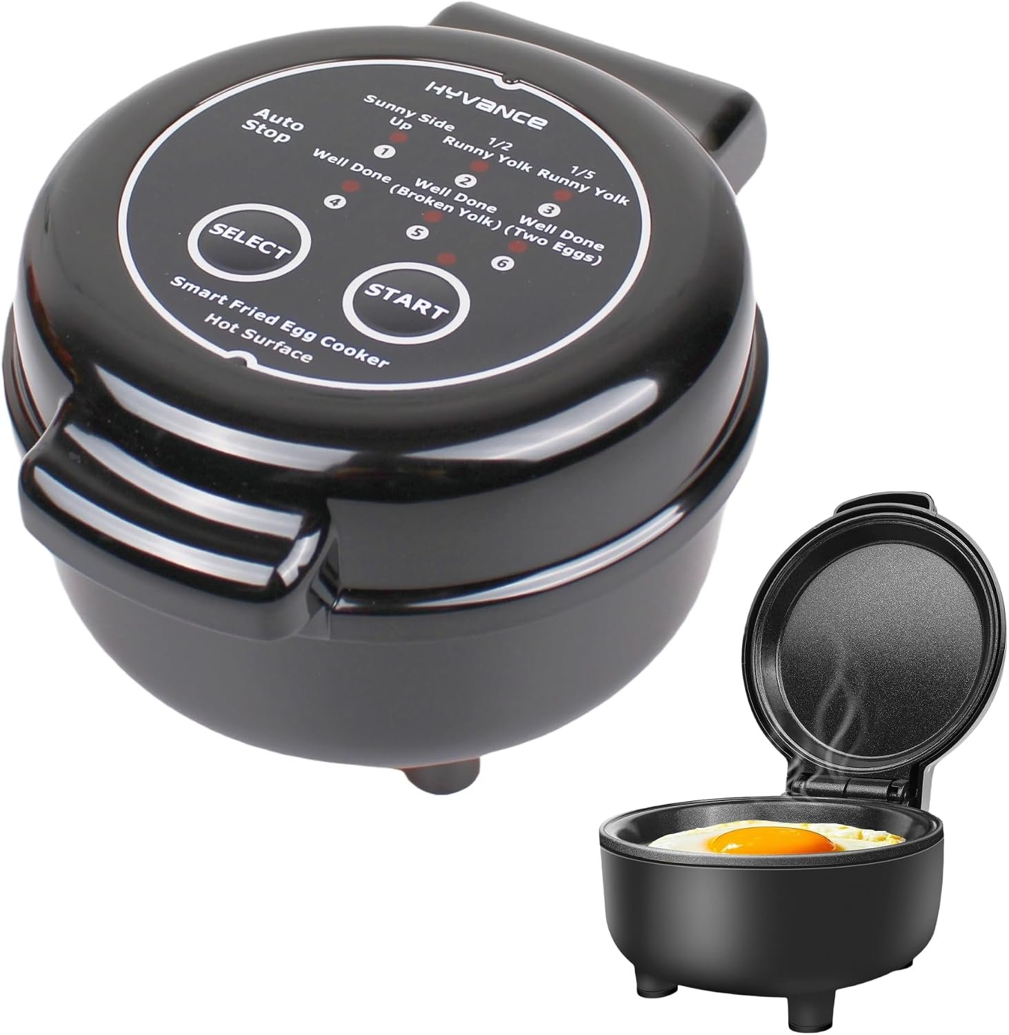 Hyvance Smart Fried Egg Cooker, Automatic Fried Egg Maker for 6 Features like Sunny Side Up, Over Easy, Fully Cooked & More. Auto Power Off, Alarm, Round Shape, Non Stick Coating (Black)