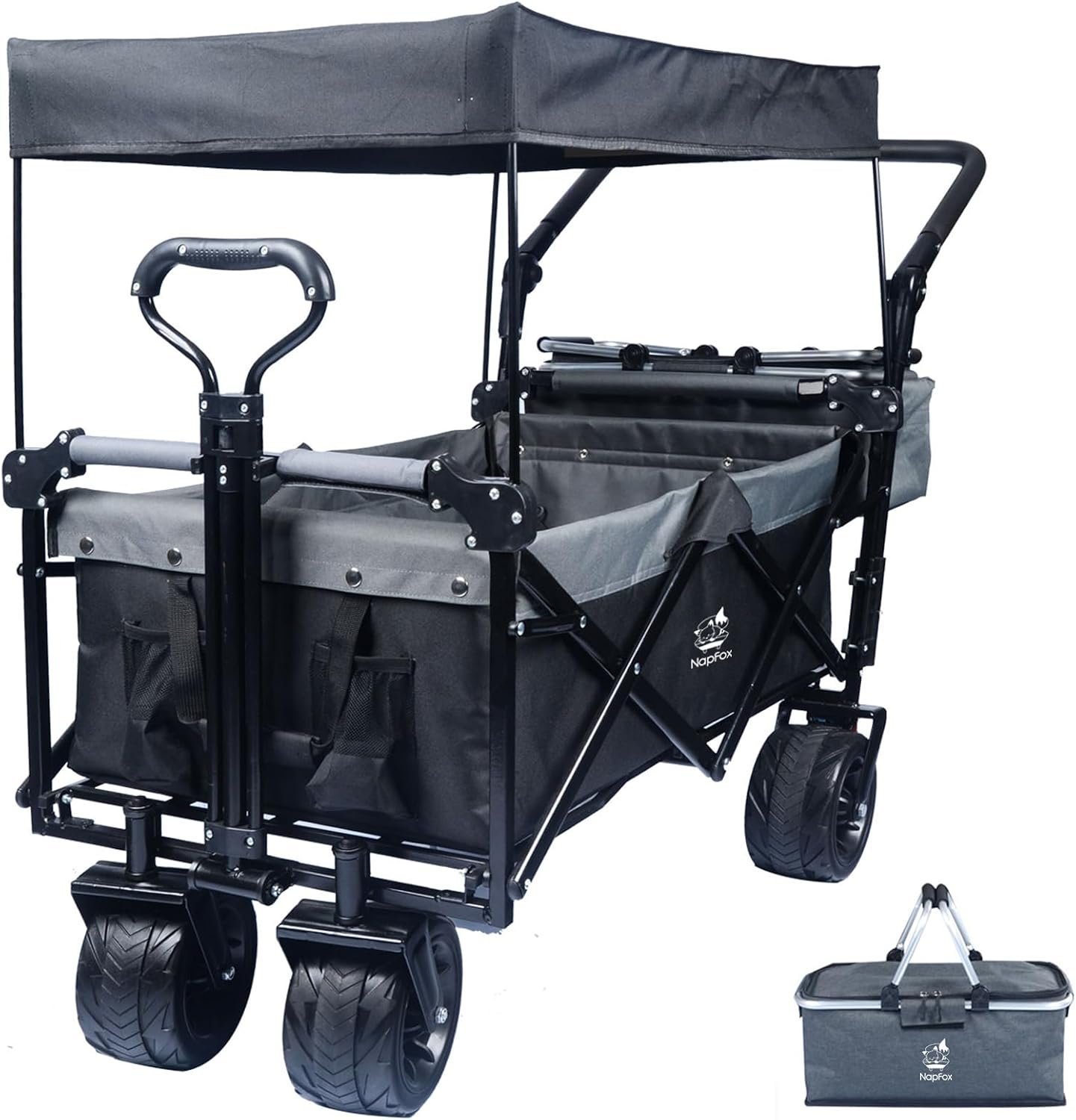 Foldable Wagon with Removable Canopy & Cooler Bag – Heavy Duty Collapsible Wagon Utility Cart with 4″ All-Terrain Wheels for Camping, Beach, Garden