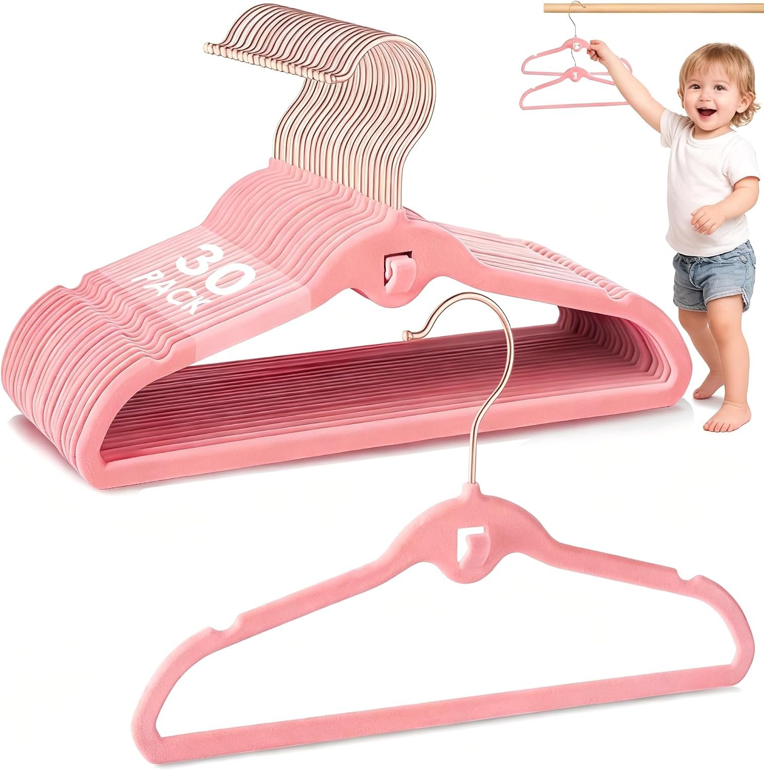Baby Velvet Stackable Hangers 30 Pack, 11 Inches Pink Kids Clothes Hanger