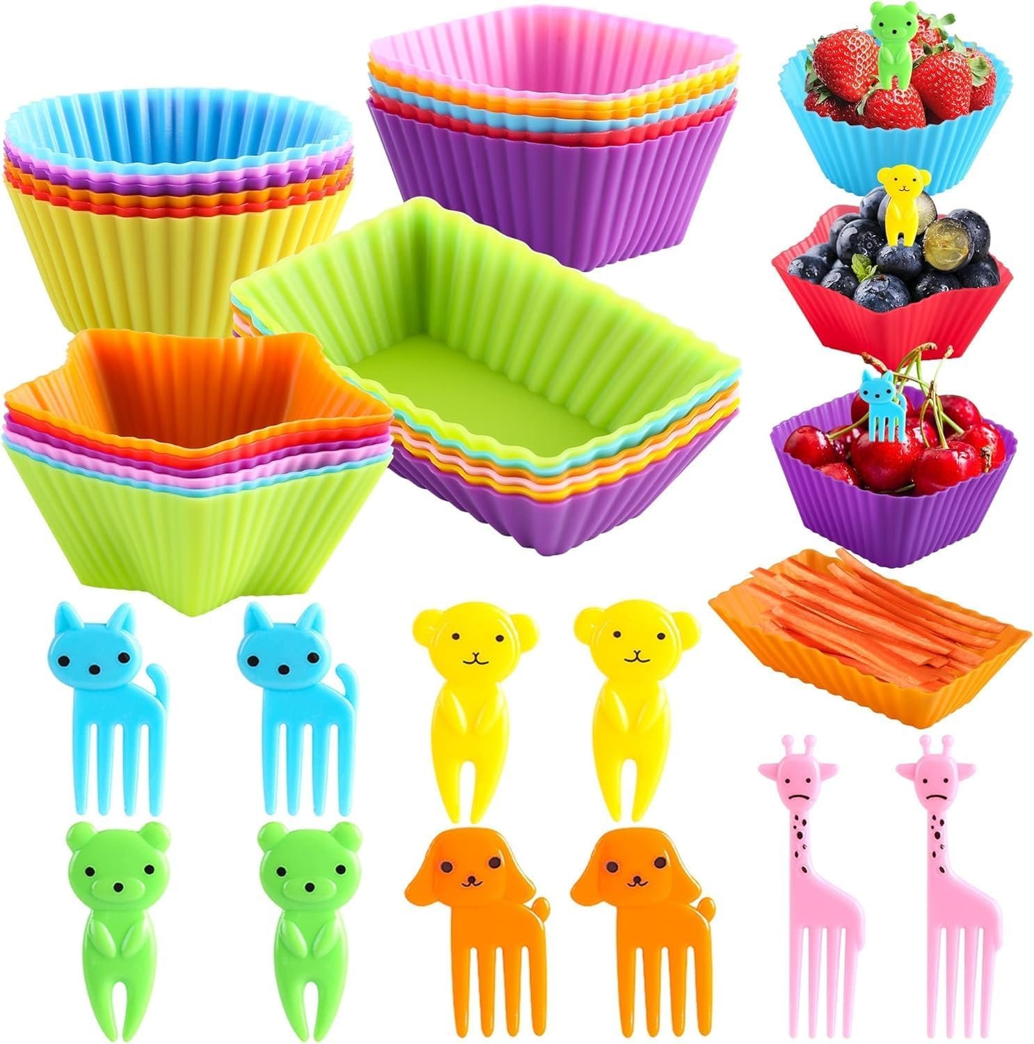 Silicone Lunch Box Dividers,Back to School Lunch Essentials – 24 pcs Bento Box Dividers with 10 Animal Picks,Lunchbox Supplies Accessories,Cupcake Baking Cups,Muffin Pan Liners,Reusable and BPA Free