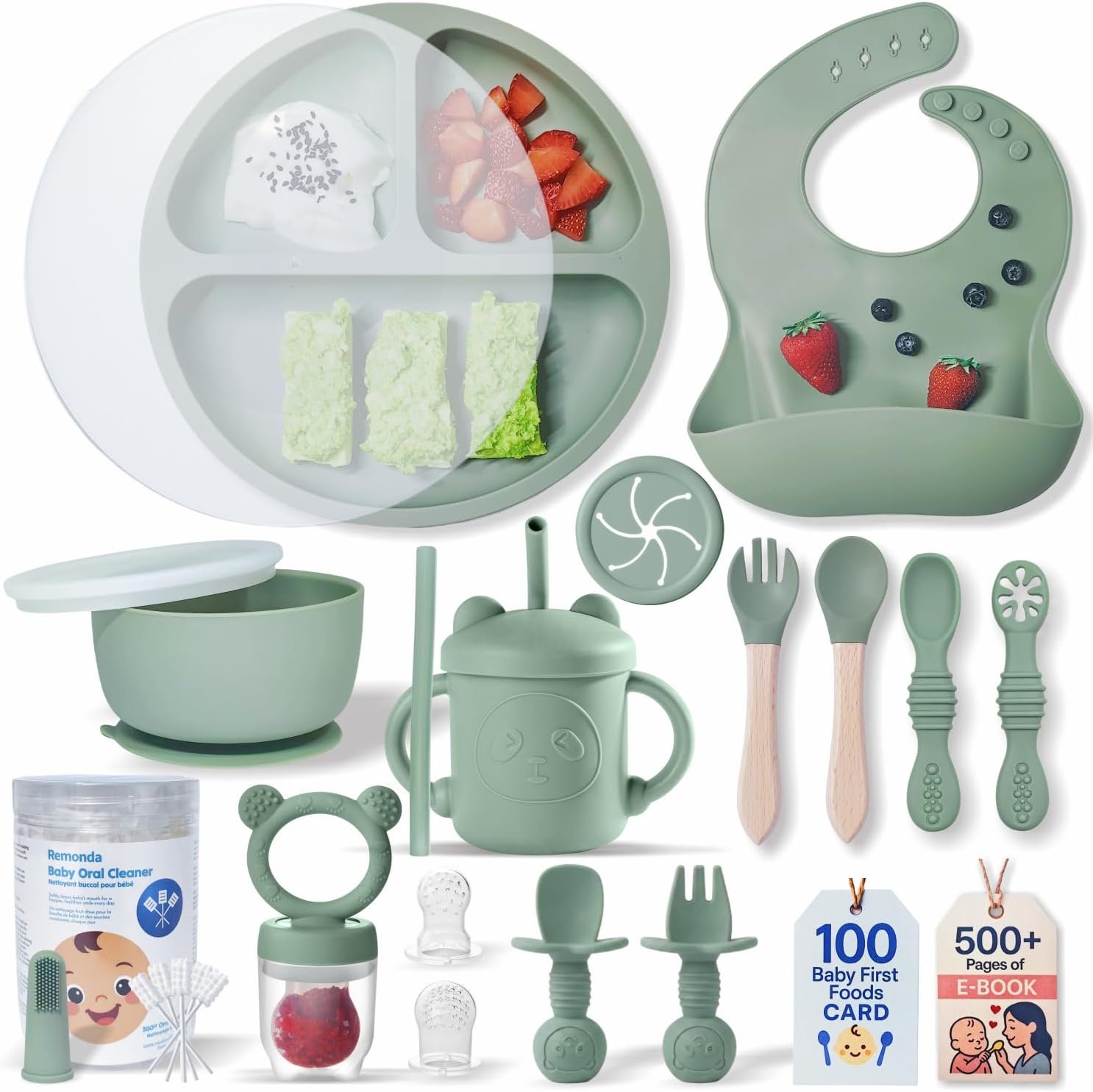 Remonda 23-Piece BPA-Free Silicone Baby Feeding Set | Extra Large Suction Plates, Toddler Bowls, Self Feeding Spoons, and More | Dishwasher Safe| Baby Led Weaning Supplies (Green）01