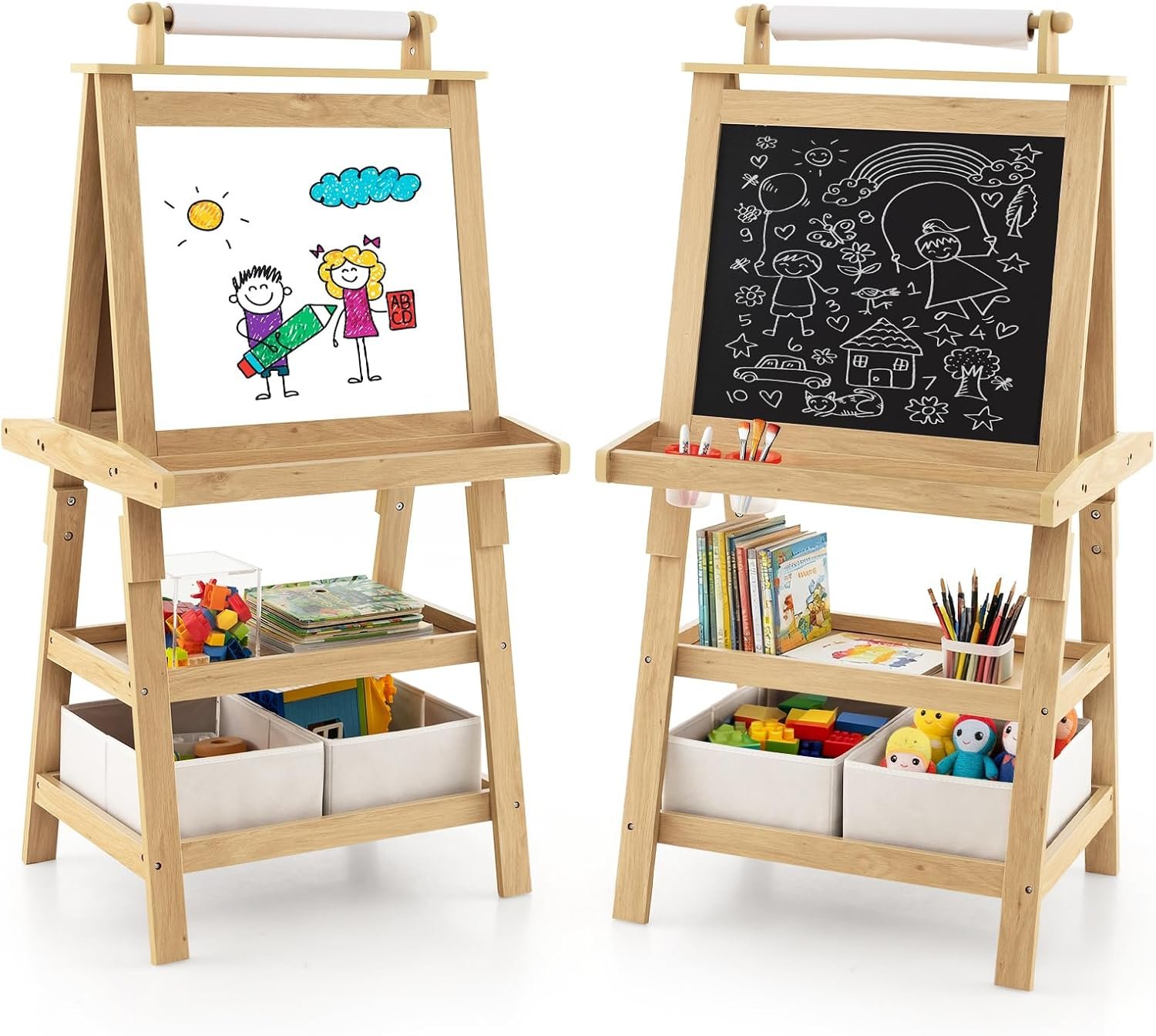HONEY JOY Art Easel for Kids, 3-in-1 Double-Sided Wooden Toddler Easel w/Magnetic White Board & Chalkboard, Paper Roll, 2 Storage Bins, Painting Dry Erase, Kids Easel for Boys Girls Aged 3+ (Natural)