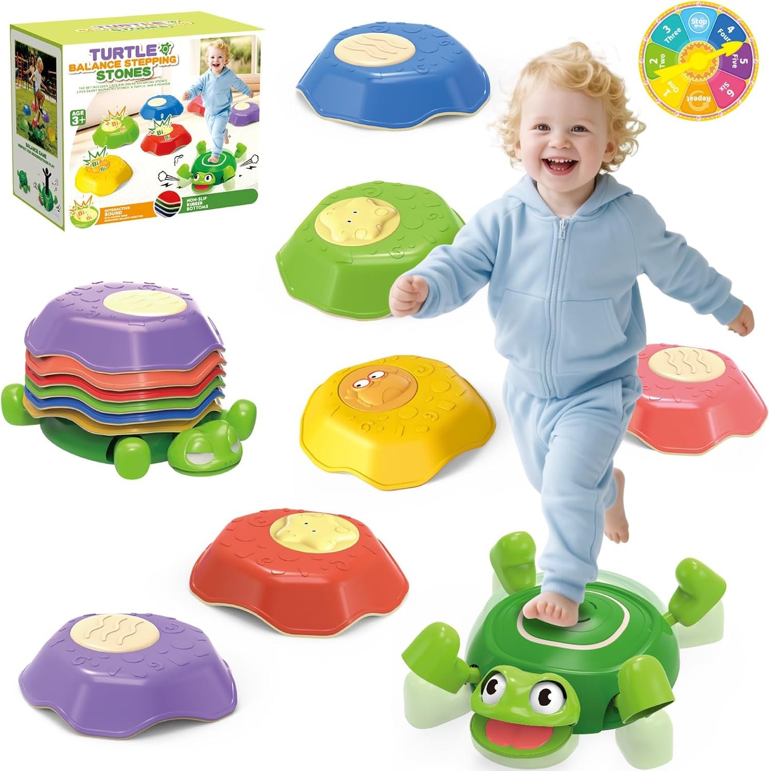 8 PCs Turtle Stepping Stones for Kids, Durable Non-Slip Sensory Balance Stepping Stones with Game Spinner Promoting Toddler’s Balance & Coordination Skills, Indoor & Outdoor Toys