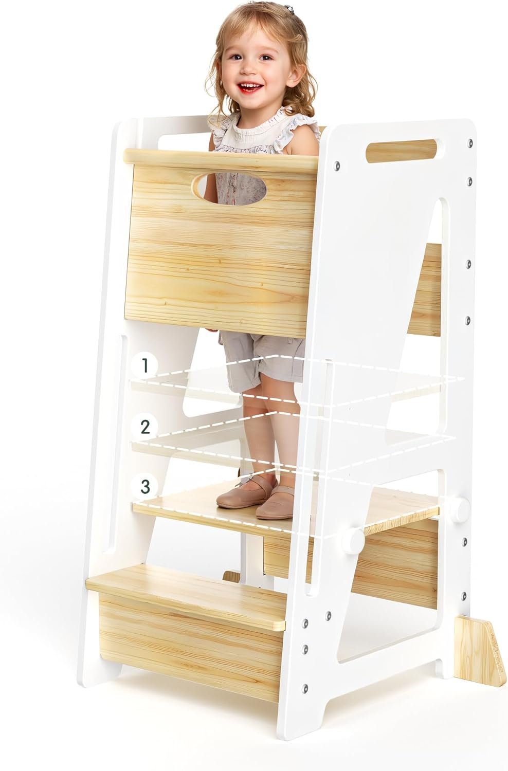 OPAUL Toddler Tower Kitchen Helper Stool – 3 Level Adjustable Height Wooden Learning Step Stool for Kids, Super Sturdy with Non-Skid Feet, Safe Toddler Standing Tower for Counter(Ages 18M-6 Years)