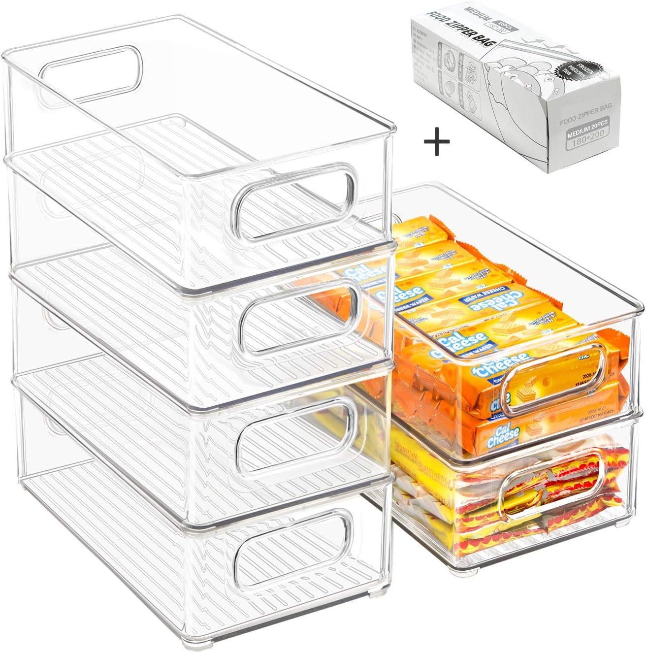 Stackable Refrigerator Organizer Bins, 6 Pack Clear Kitchen Organizer Container Bins with Handles and 20 PCS Plastic Bags for Pantry, Cabinets, Shelves, Drawer, Freezer – Food Safe, BPA Free 10″L