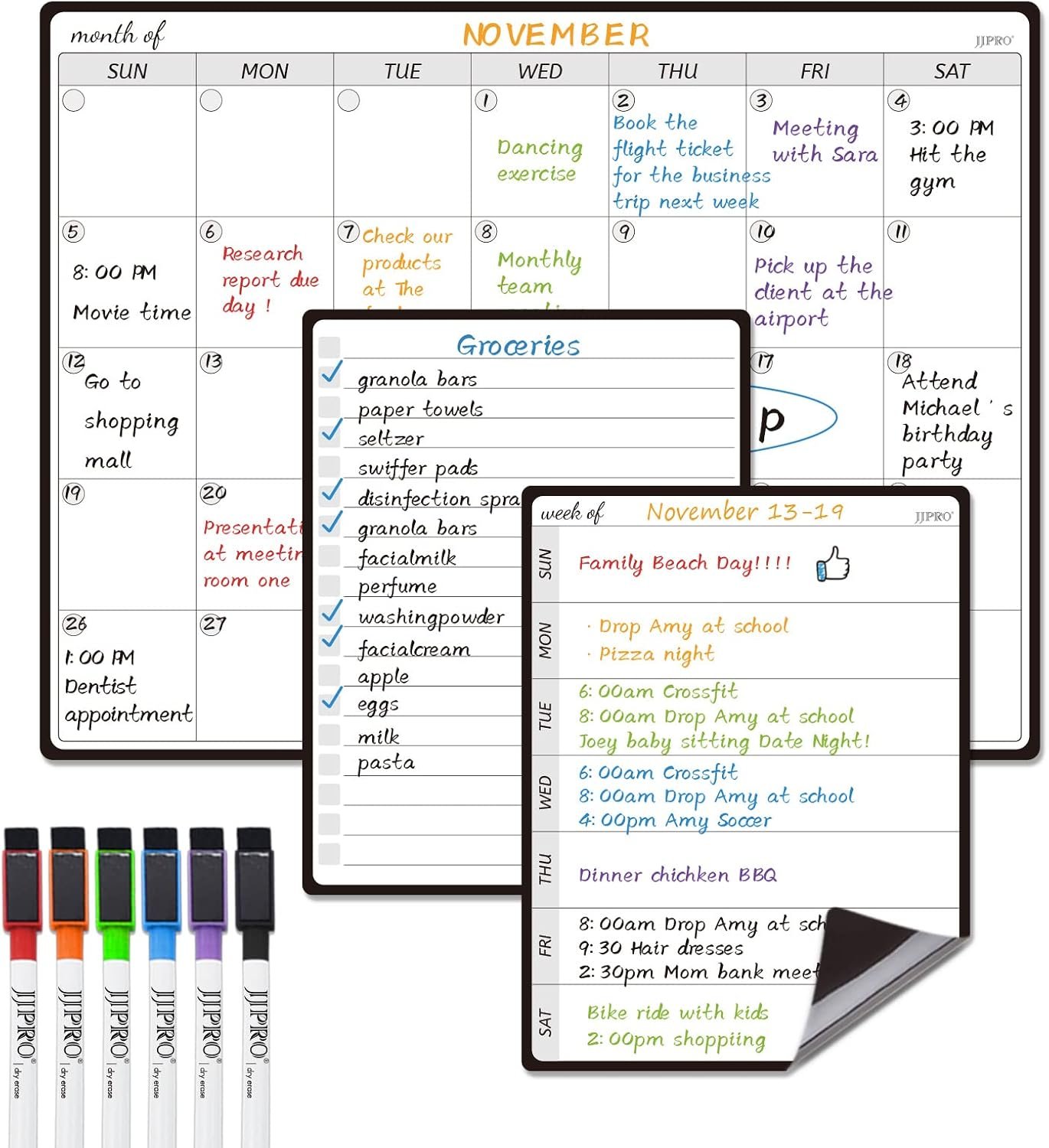 JJPRO Magnetic Monthly Calendar Whiteboard Set for Fridge-Monthly Planning Board and Two Bonus Dry Erase Grocery Board&Weekly Menu Board-Meal Planner Whiteboard/to-Do List-6 Markers