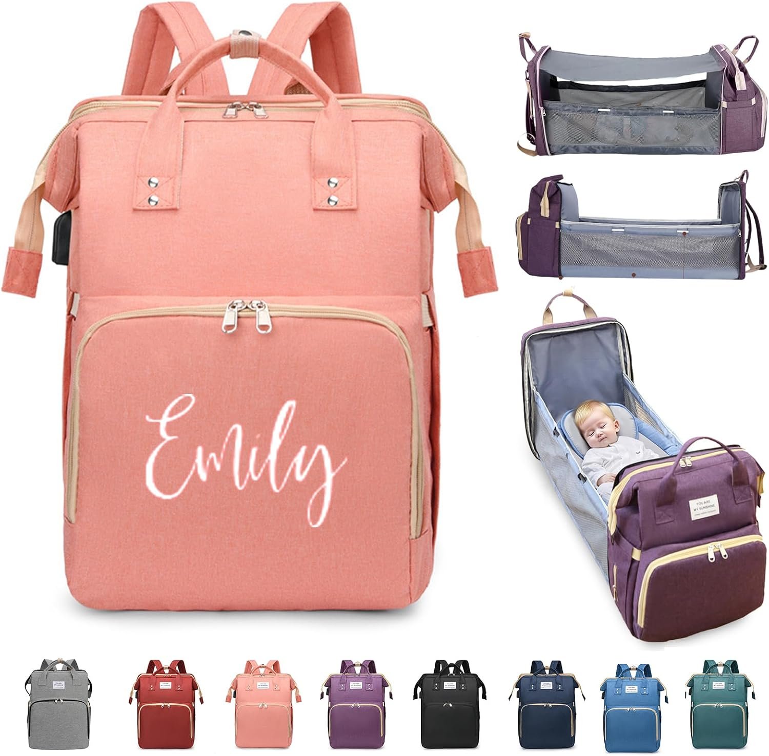 Personalized 3 in 1 Diaper Bag Backpack with Changing Station, Multifunctional Large Baby Diaper Bags for Boys & Girls Portable, Custom Lightweight Changing Bag, Newborn Baby Essential Gifts