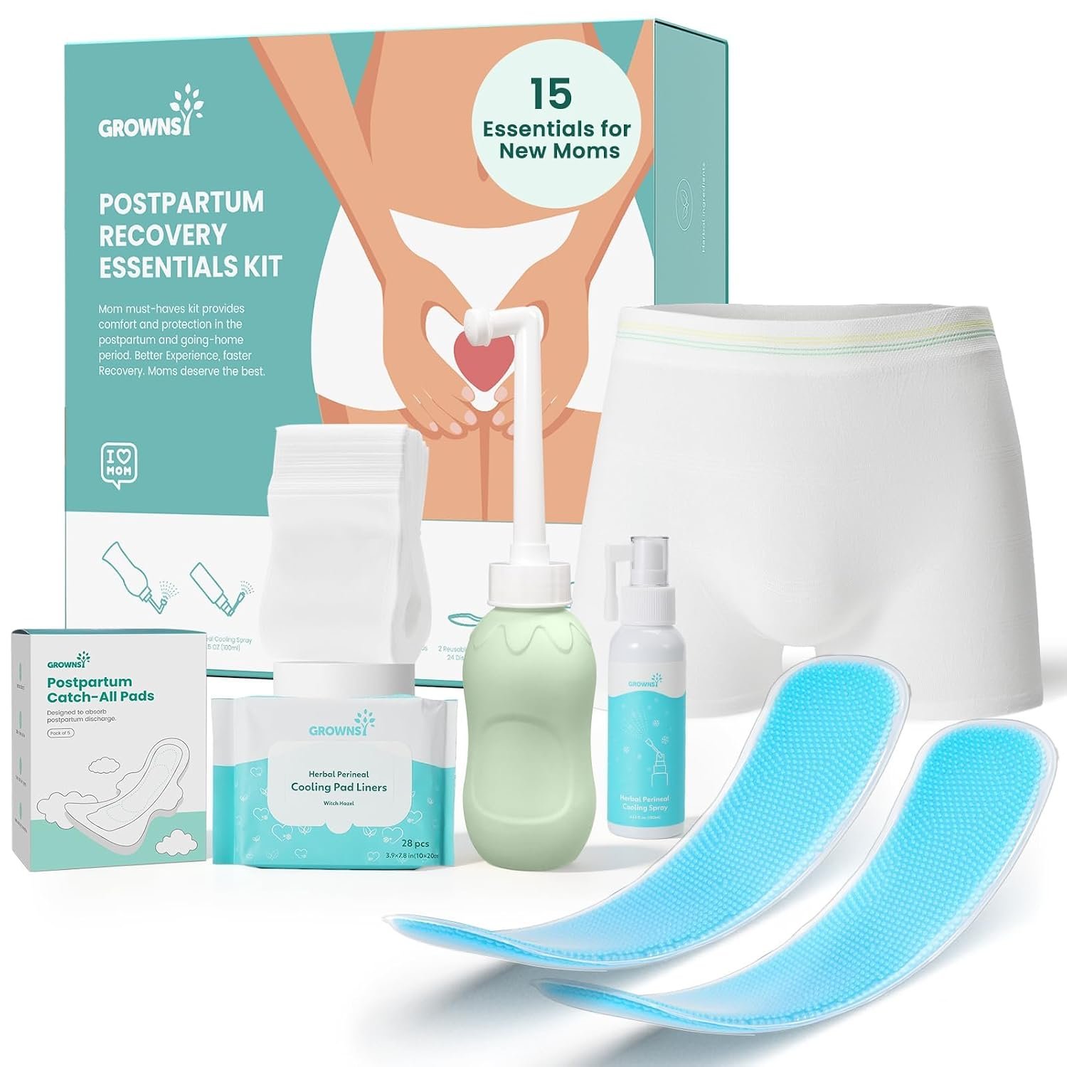 GROWNSY 15pc Postpartum Essentials Recovery Kit for Women, Green