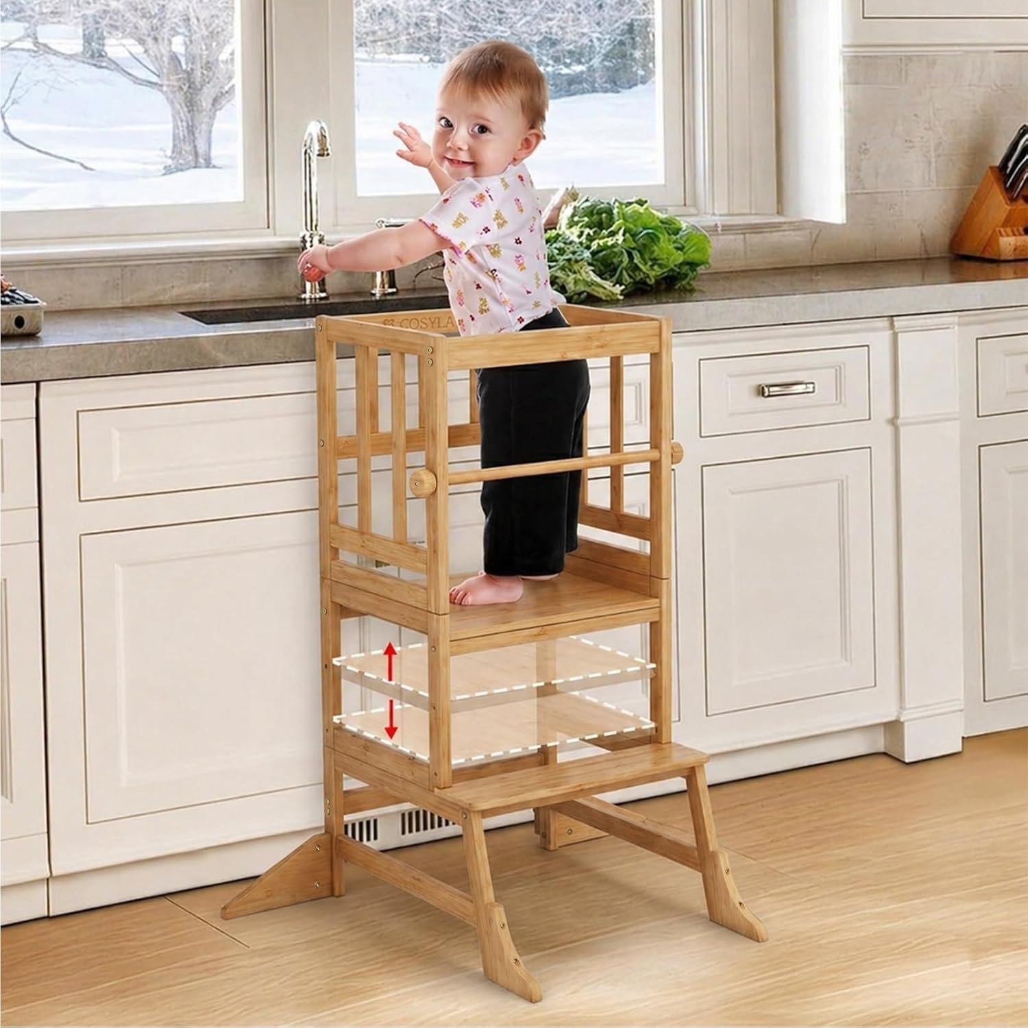 COSYLAND Toddler Standing Tower – Adjustable Height Kitchen Stool Helper