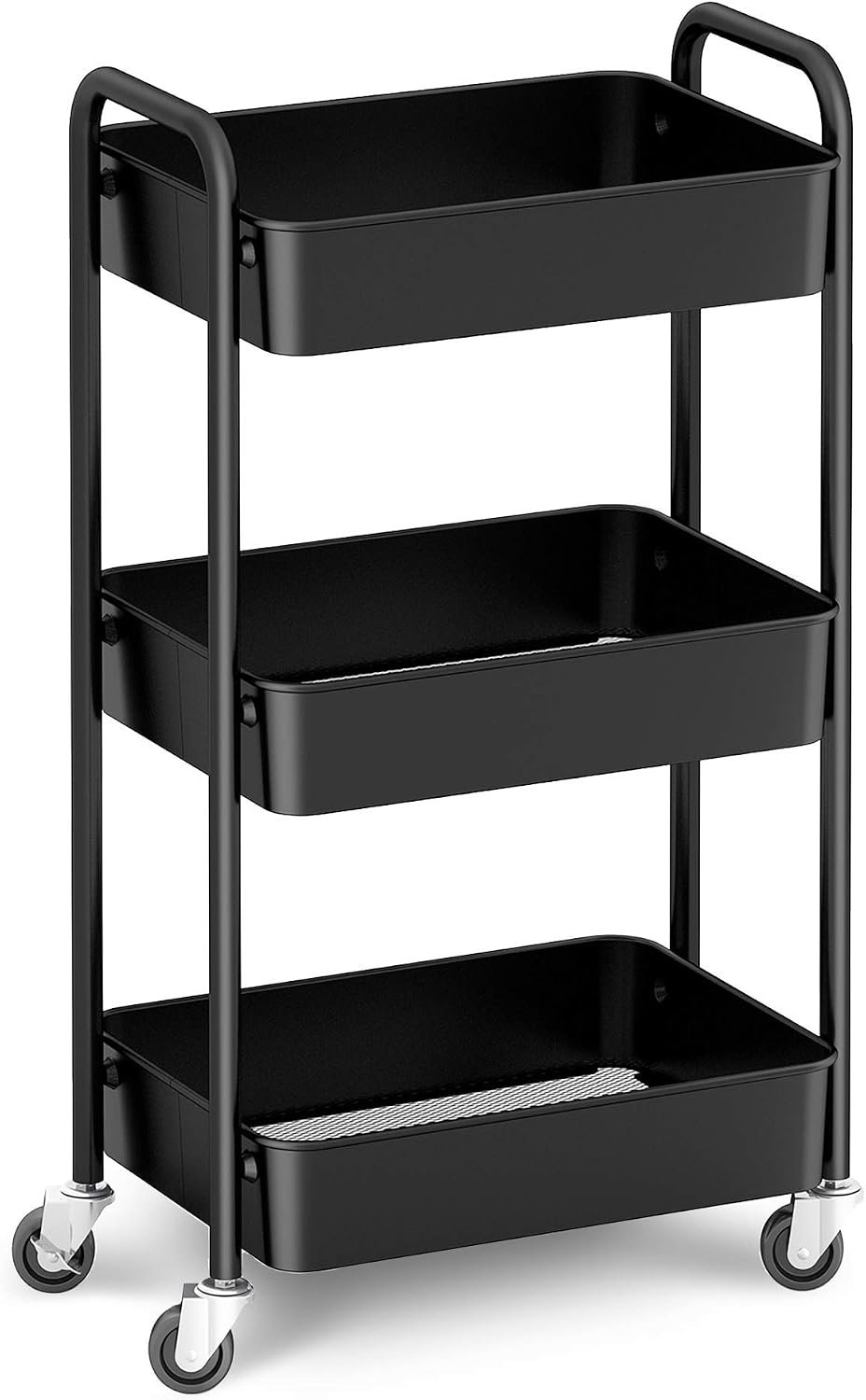 CAXXA 3-Tier Rolling Metal Storage Organizer – Mobile Utility Cart, Kitchen Cart with Caster Wheels (Black)