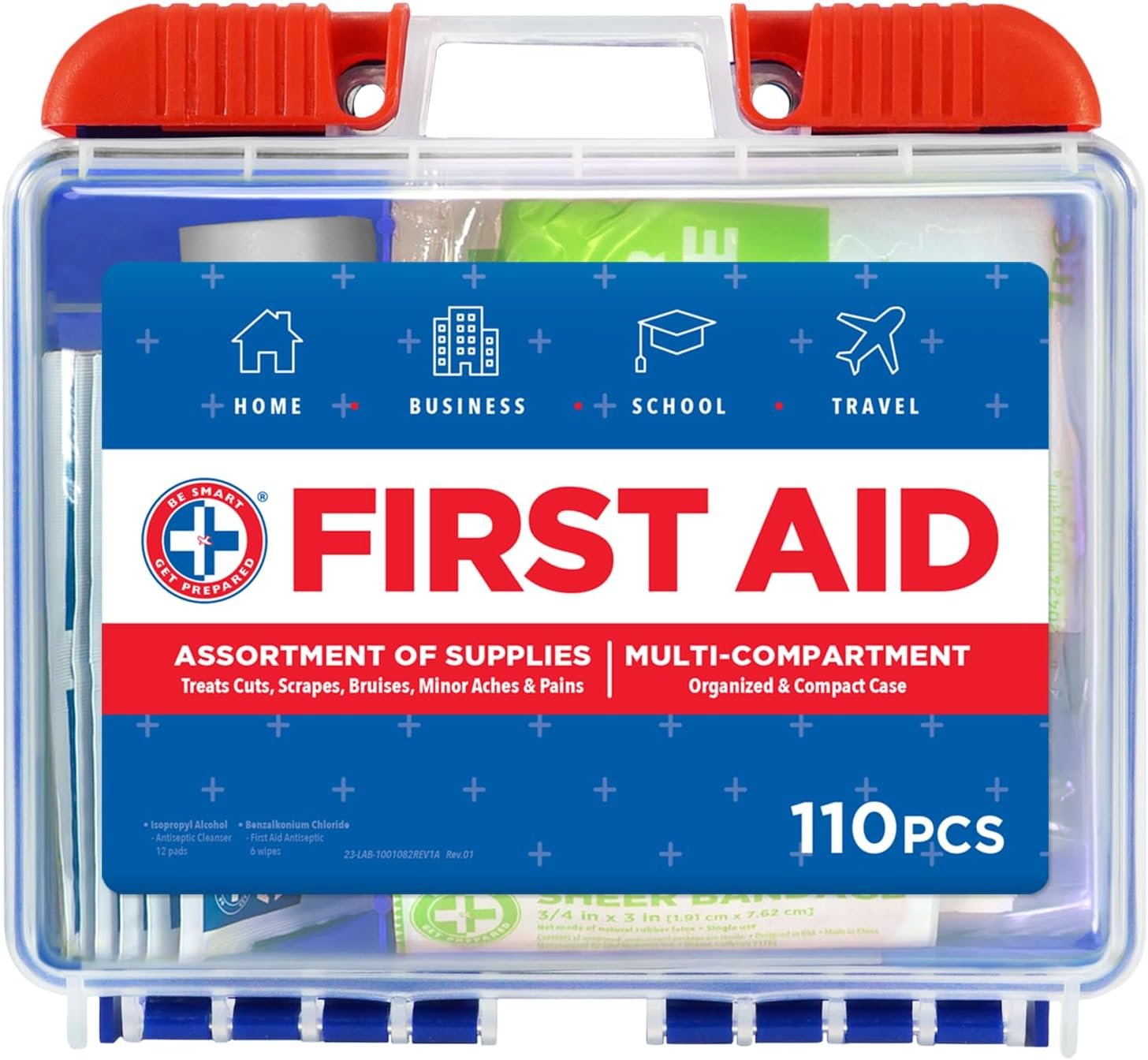 Be Smart Get Prepared 110 pc First Aid Kit: Clean, Treat, Protect Minor Cuts, Home, Office, Car, School, Business, Travel, Emergency, Outdoor, Camping & Sports, FSA/HSA (Packaging may vary)
