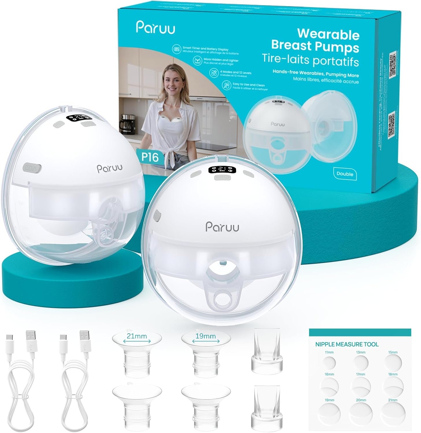 Paruu Hands Free Breast Pump P16, Wearable Breast Pump Electric Portable with 4 Modes & 12 Levels, Max 309mmHg Strong Suction 24mm with 19/21mm Inserts Wearable Breastfeeding Pump, 2 Pack White