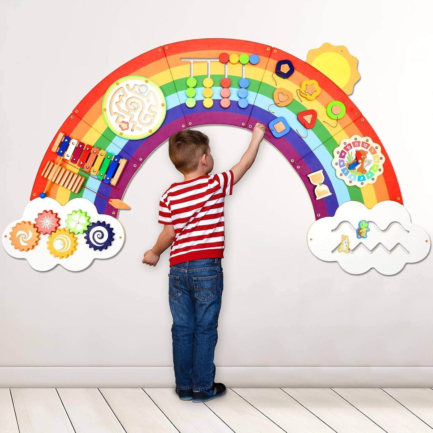 5FT Large Sunshine Rainbow Wooden Activity Wall Panel Christmas Gift Educational Montessori Toy for Toddler Kids Interactive Sensory Activity Busy Board Daycare Learning Center Toddler Room Decor