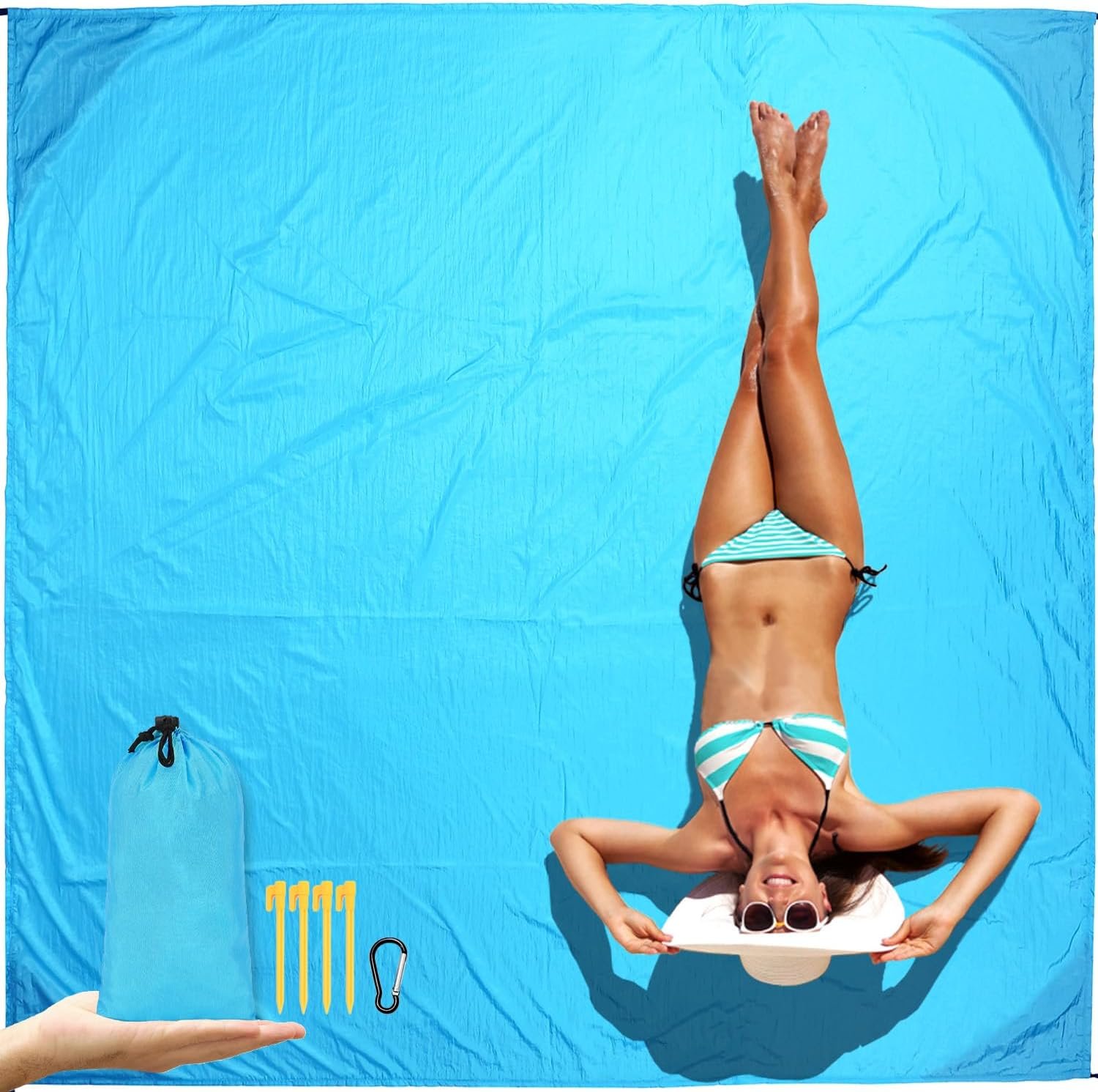 Fammart Beach Blanket Sandproof Waterproof, Extra Large Beach Mat w/Stakes, Oversized & Compact Sand Free, Quick Drying Pocket Picnic Blanket for Festivals Hiking Outdoor Camping Beach Essentials