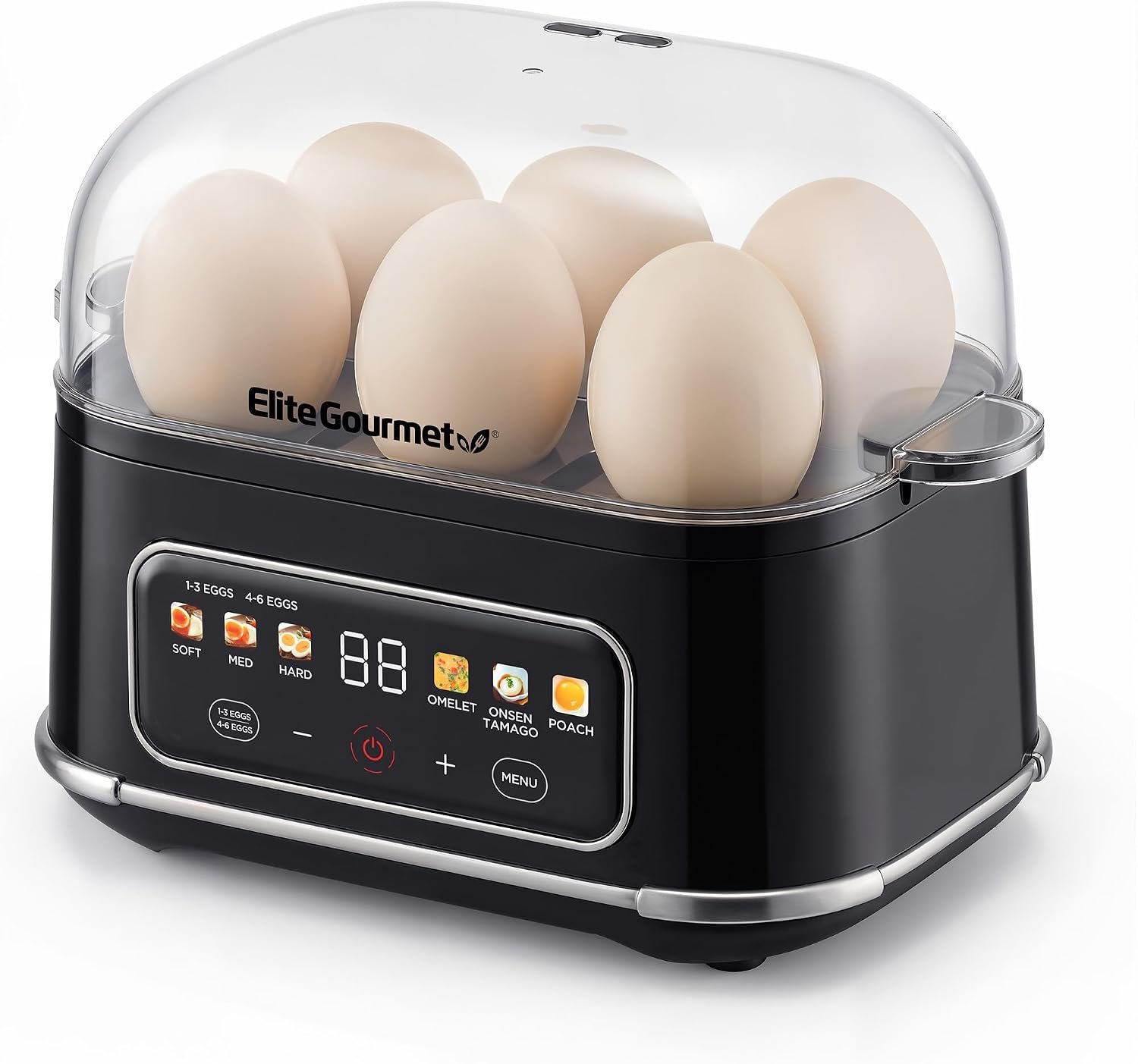 Elite Gourmet 6-Egg Digital Egg Cooker, Beep On/Off Control, One-Touch Menu