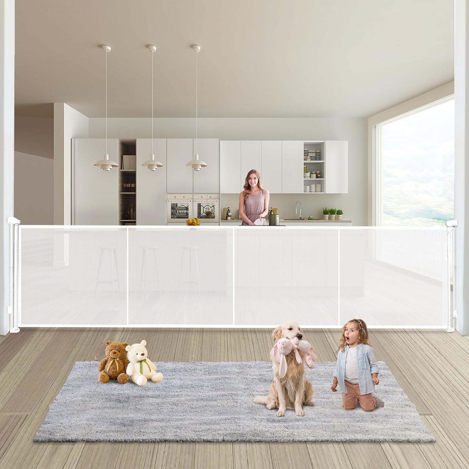 Retractable Baby Gates Dog Gate – 200″ Extra Wide Expandable Child Safety Gate, 37″ Tall Toddler Pet Mesh Gate with Reinforced Strips for Doorways, Stairs, Hallways, Outdoor & Indoor Large Openings