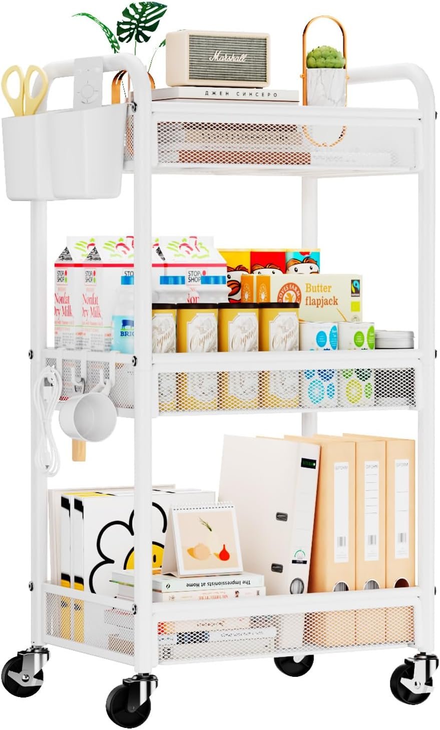 YASONIC 3 Tier Metal Rolling Cart, White Utility Storage Cart with Wheels