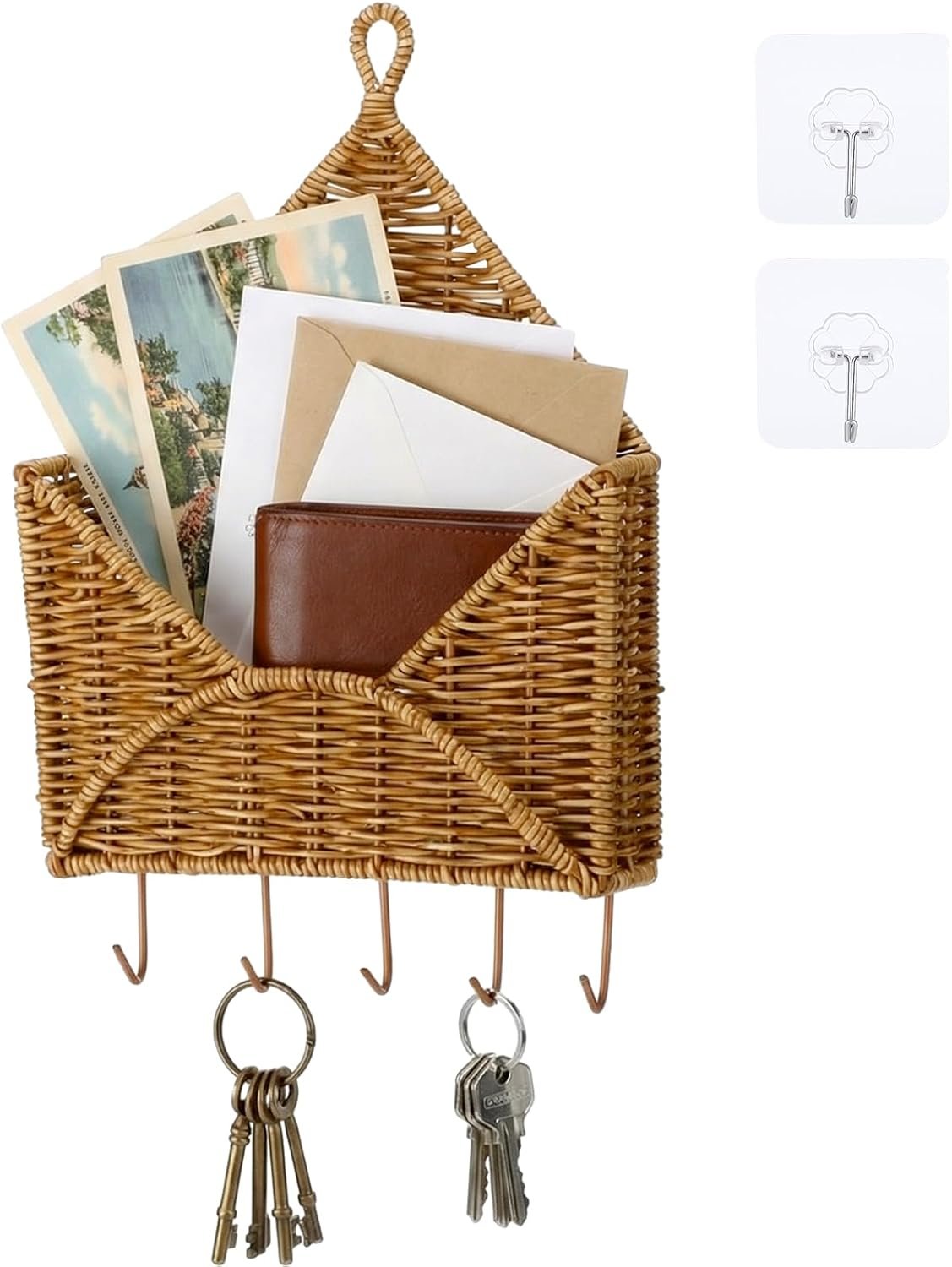 Gerrii Wicker Key Holder for Wall Rattan Mail Shape Holder with 5 Hooks