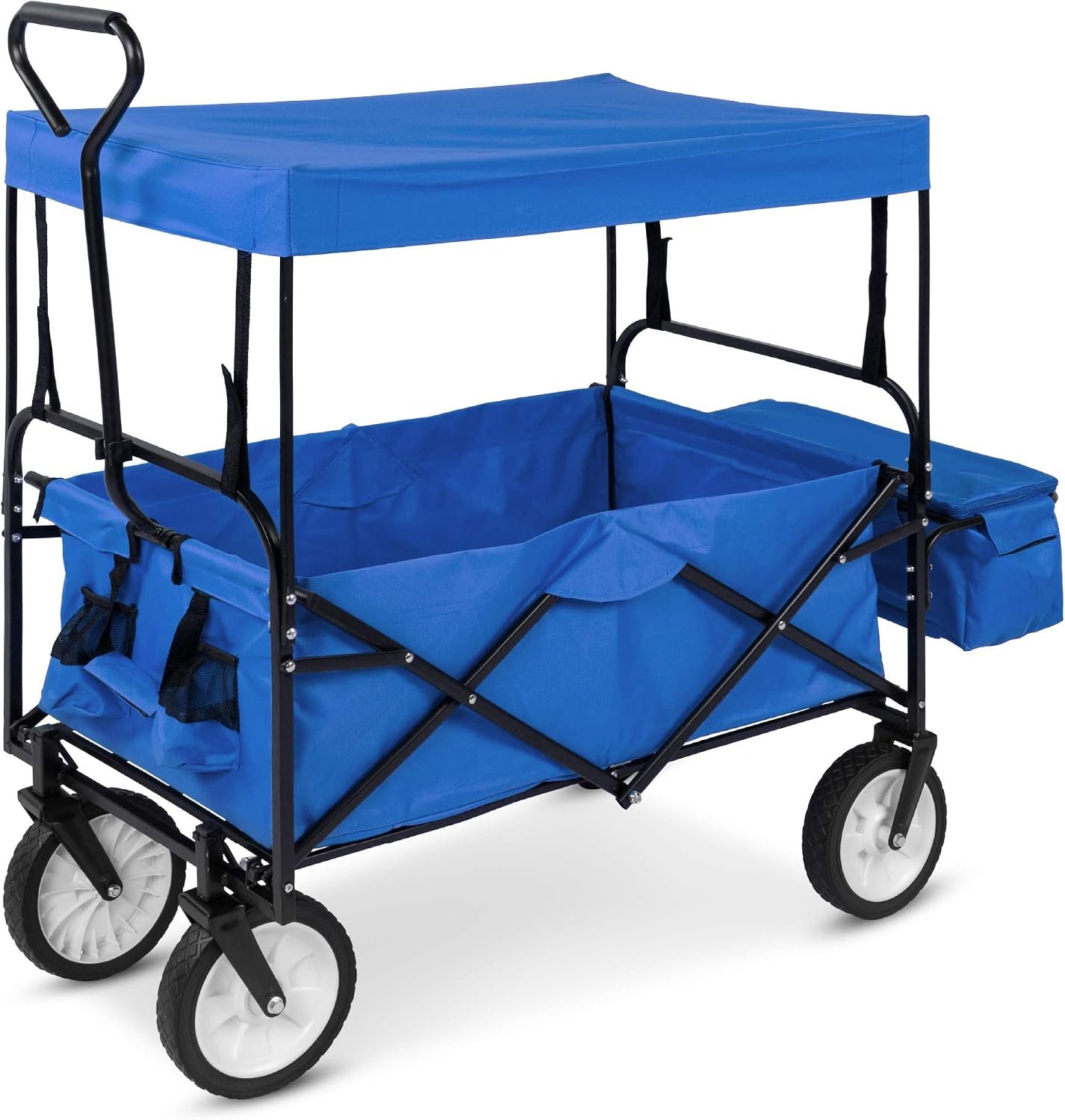 Best Choice Products Collapsible Folding Outdoor Utility Wagon with Canopy Garden Cart for Beach, Picnic, Camping, Tailgates w/Removable Canopy, Detachable Pockets, 150lb Weight Capacity – Blue