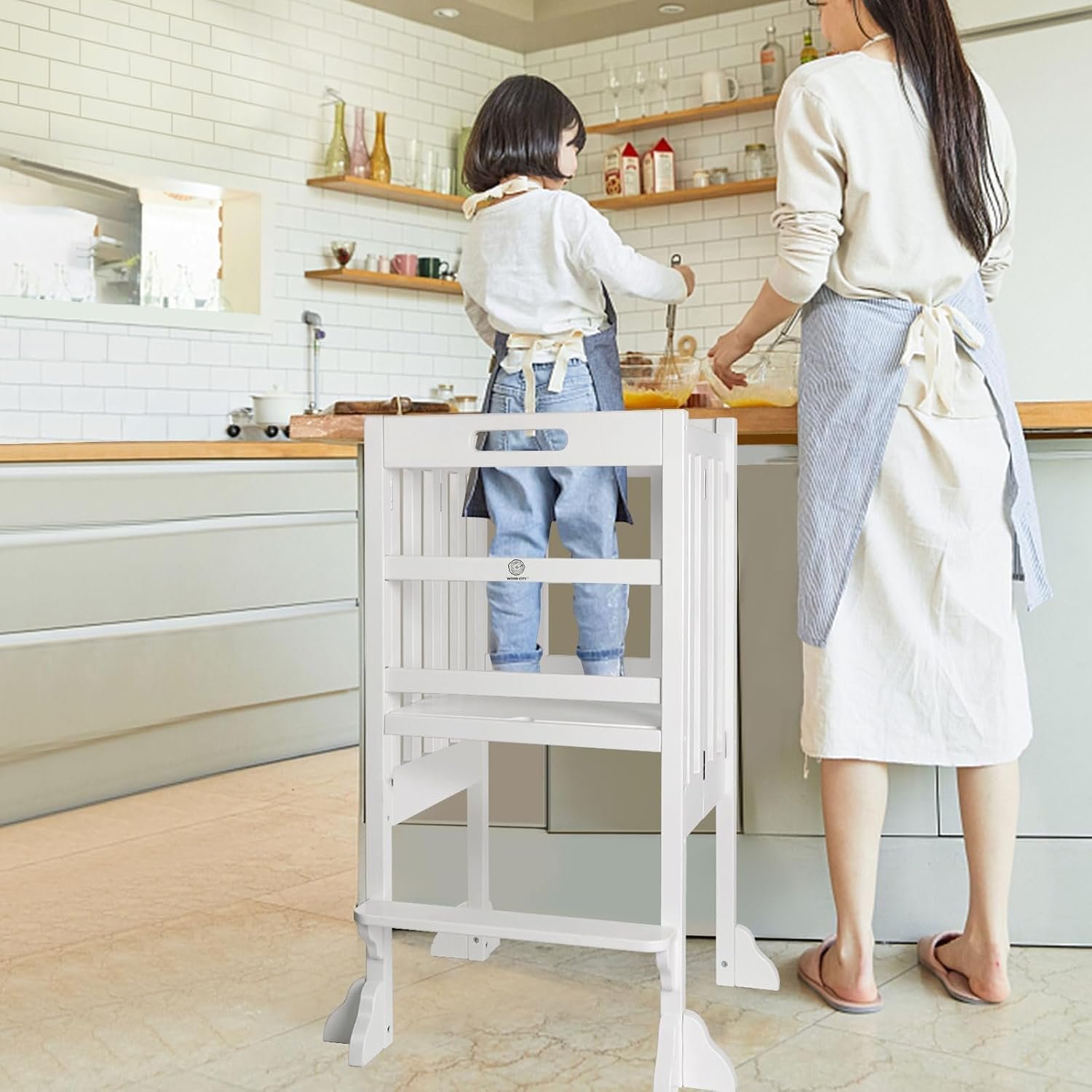 Kitchen Step Stool Helper – WOOD CITY Montessori Foldable Toddler Standing Tower for Toddlers with Safety Rail Height Adjustable Ideal Helper for Learning New Skills Natural Pine Wood (White)
