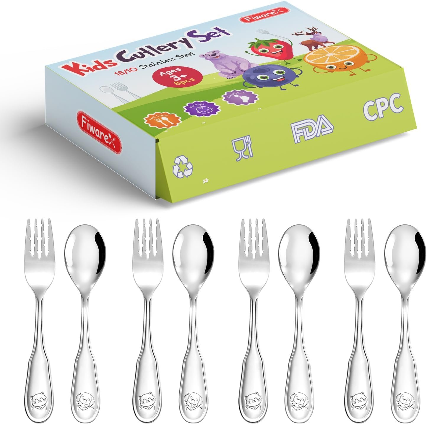 8-Piece Toddler Utensils,18/10 Stainless Steel Kids Silverware Forks and Spoons Set, Flatware with Dog & Cat Pattern for Children Ages 3-7 Year Old, Anti-Slip Forks, Mirror Polished, Dishwasher Safe