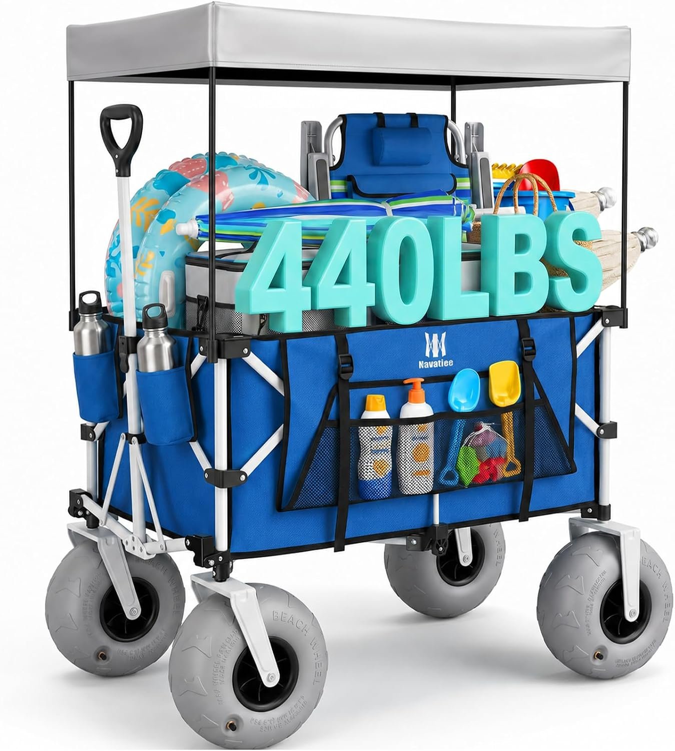 Navatiee Beach Wagon with Big Balloon Wheels for Sand, 200L Extra Large Beach Cart with Canopy, 440Lbs Heavy Duty Folding Wagon Collapsible with 9″ Tires & Side Pocket for Beach, Outdoor, Blue