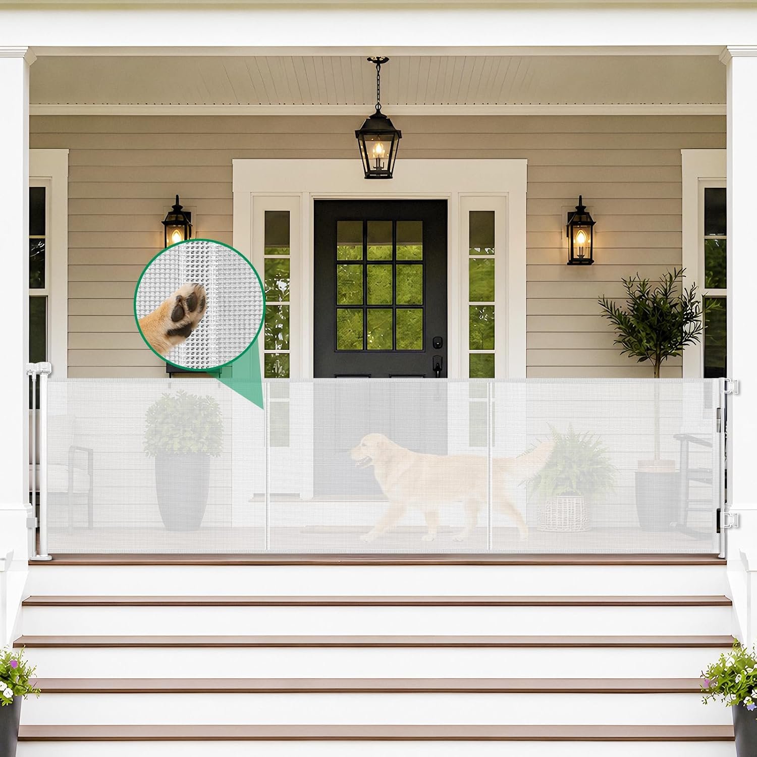 Reinforced 85″ Wide Baby Gate Retractable Dog Gate, Indoor/Outdoor, White