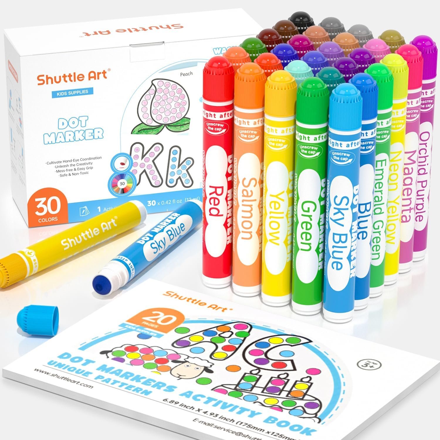 Shuttle Art Dot Markers, 30 Colors Washable for Toddlers with Free Activity Book, Bingo Daubers Supplies for Kids Preschool Children, Non Toxic Water-Based Dot Art Markers