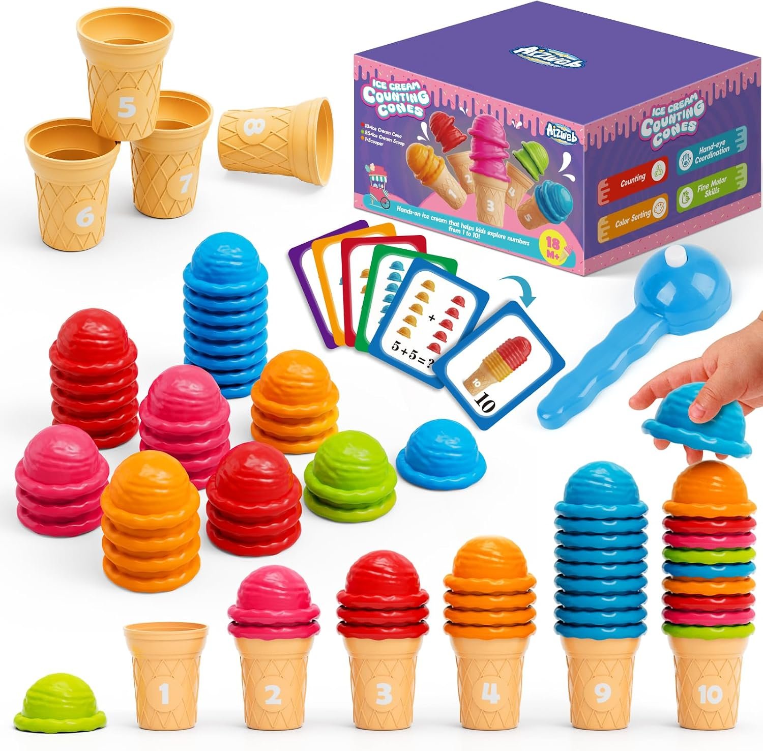 Aizweb Ice Cream Counting and Color Sorting Stacking Toys for Toddlers, Montessori Preschool Kindergarten Learning Activities,Number Math Manipulatives Math Games Educational Fine Motor Skills Toys