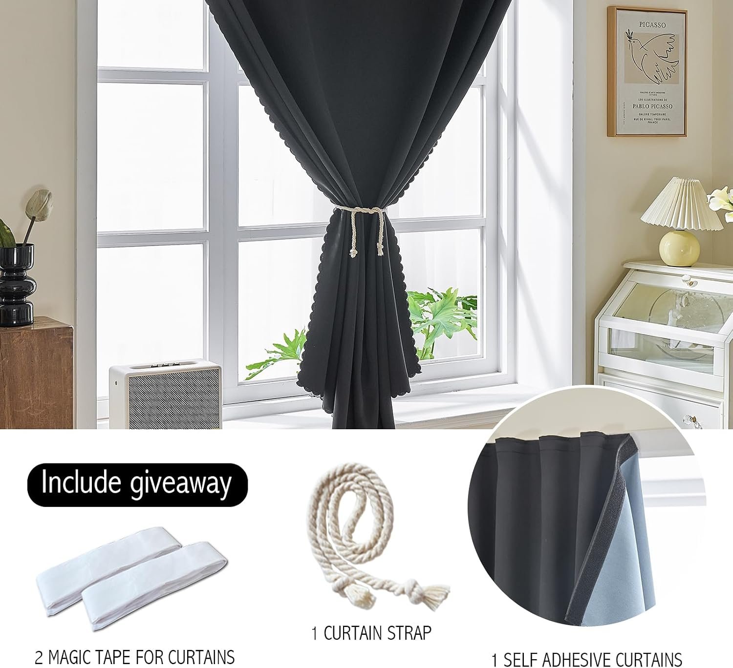 AJAZZ 100% Blackout Self Adhesive Curtains Small Window Short Temporary Black Out Curtains Easy to Install Used for Bedroom Kitchen Window Cover (Black, 35″ W x 48″ L 1 Panel)