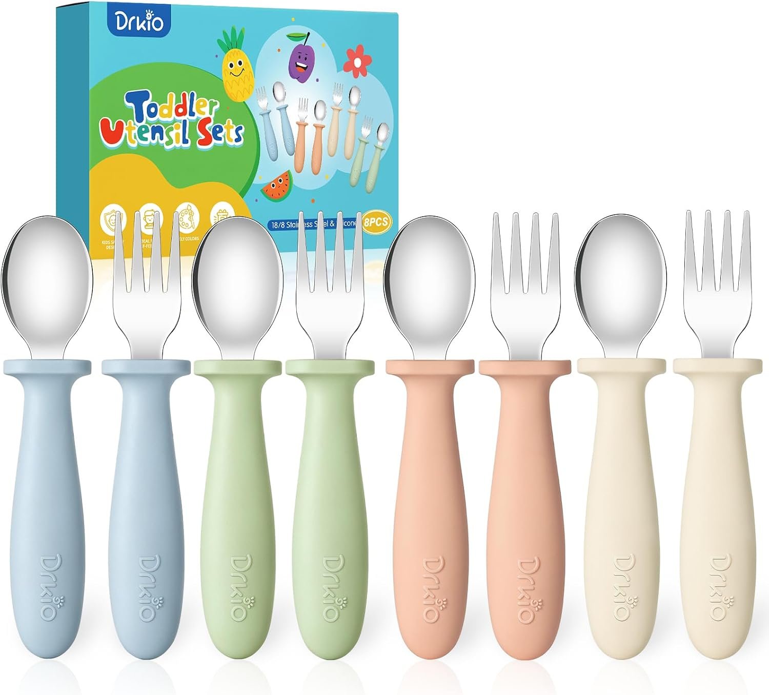 DRKIO 8 Pcs Toddler Utensils Set Kids Silverware with Forks and Spoons