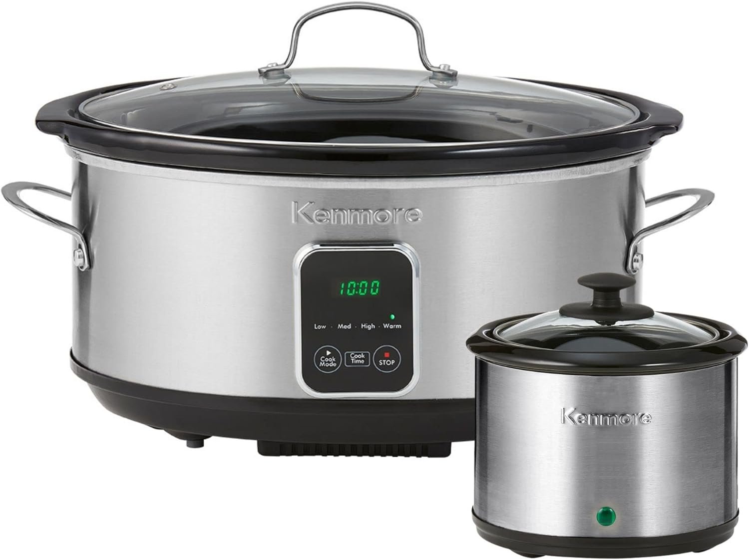 Kenmore Programmable 7 qt (6.6L) Slow Cooker with Dipper Sauce-Warmer, Black and Silver, Stainless Steel, Digital Display, One-Touch Controls, Braise, Simmer, Sous Vide, Stew, Soup, Chili, Curry
