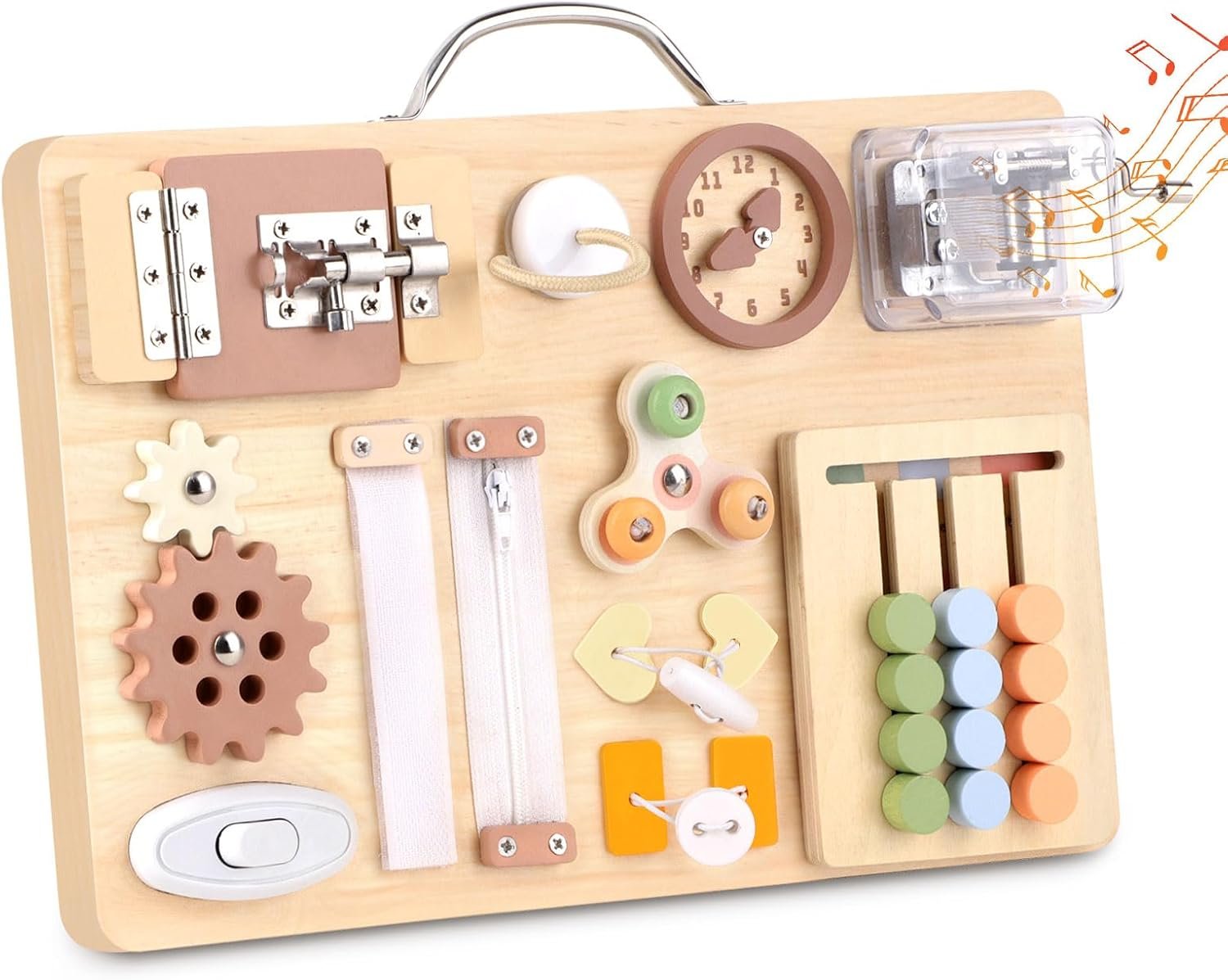 Hoarosall Montessori Busy Board for Toddlers 16-in-1 Wooden Sensory Activity Board with Music Box Fine Motor Skills Learning Toy Preschool Educational Travel Gift for Boys Girls Ages 1-3