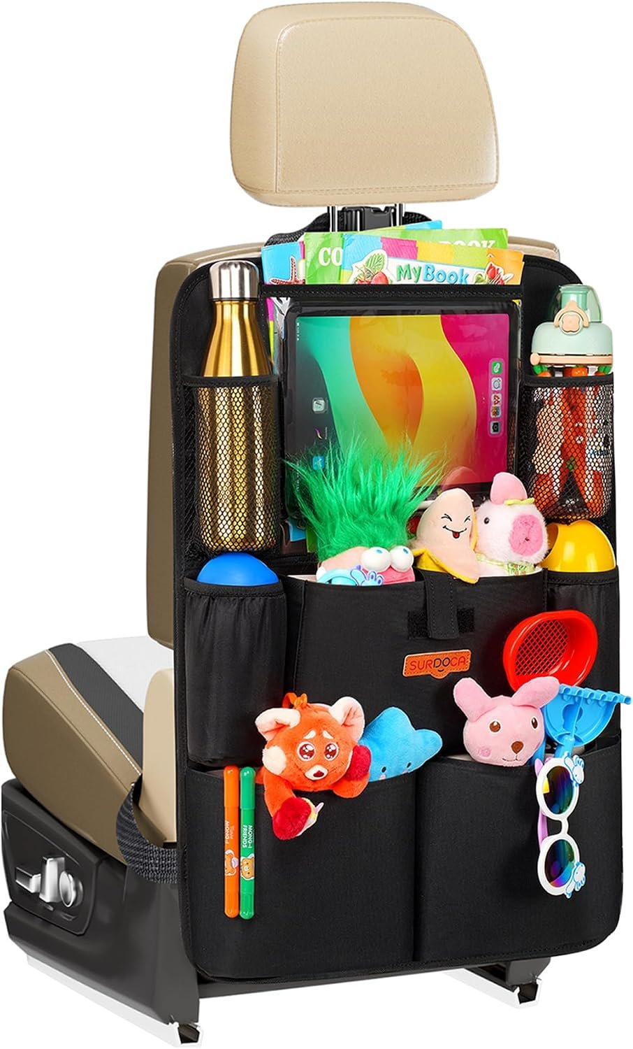 SURDOCA Upgraded Car Organizer with 11-inch Tablet Holder, 8 Pockets, Car Seat Protector for Road Trips – Car Storage and Organizers for Kids