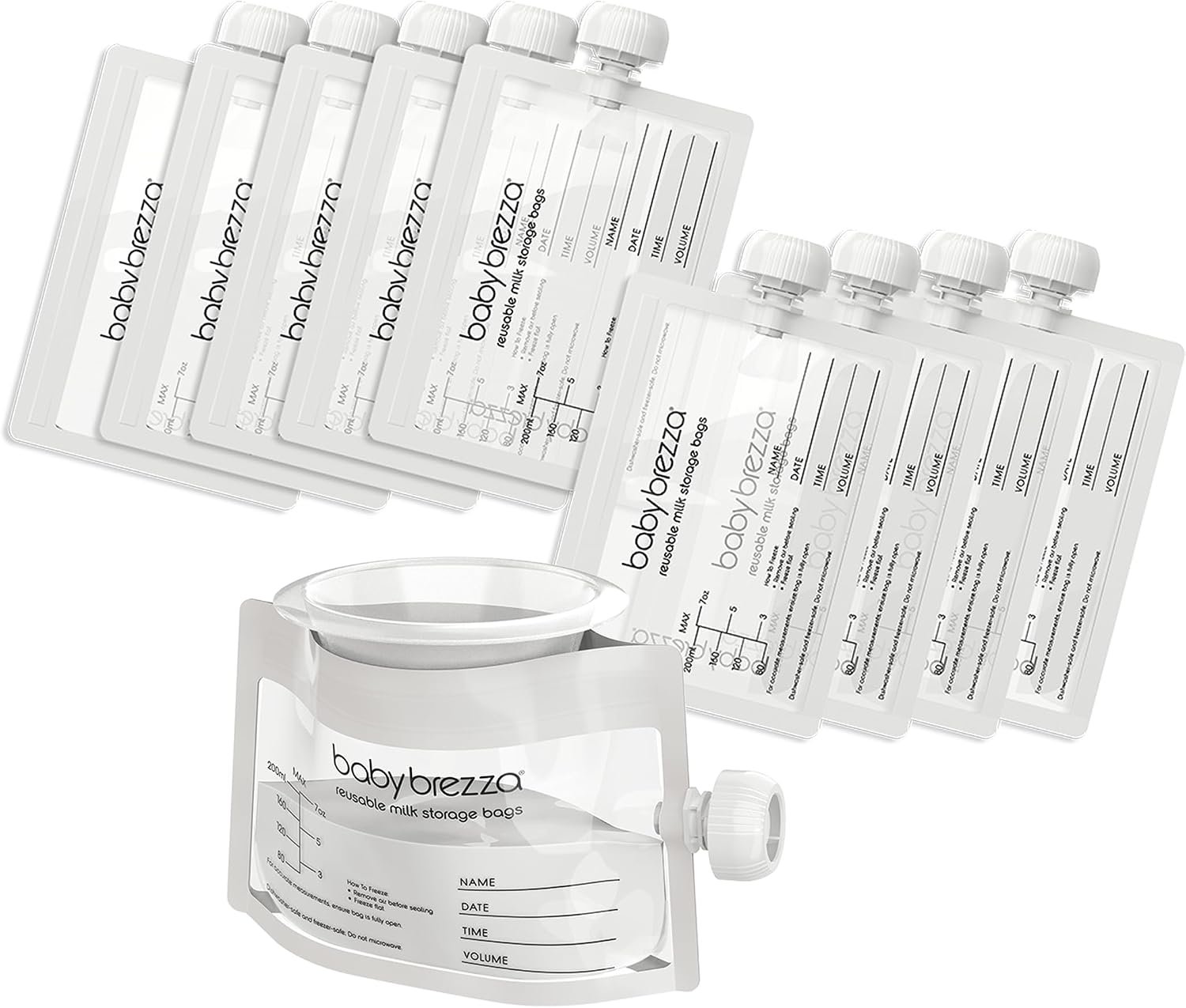 Baby Brezza Reusable Breastmilk Storage Bags, 10 Pack With Filling Funnel