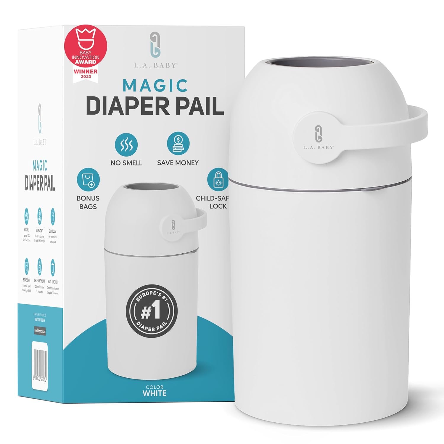 L.A. BABY Magic Diaper Pail – Patented 100% Odor-Free System with Child-Safe Lock – Award-Winning Design – No Refills Required – Works with Regular Trash Bags – White