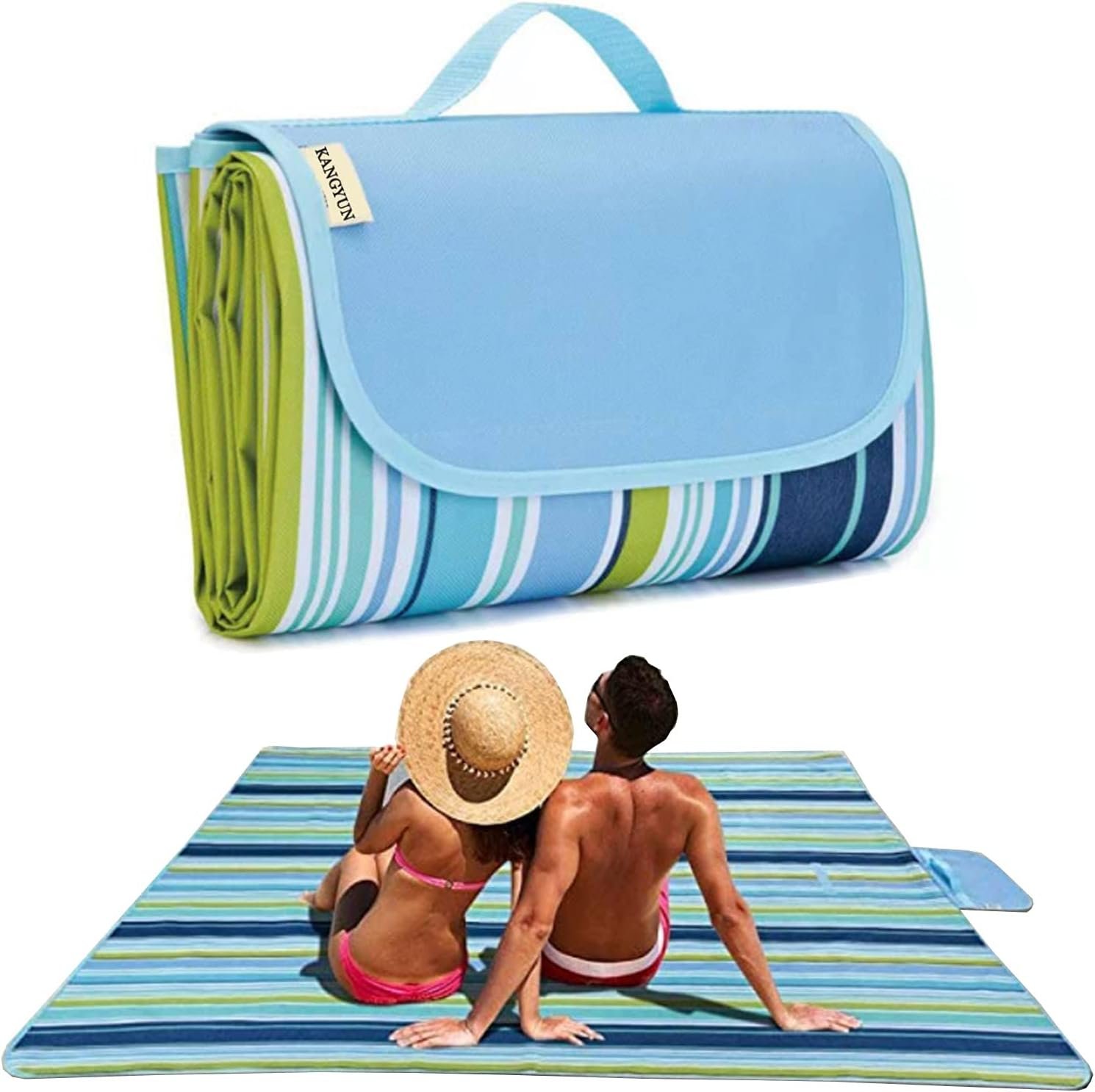K Y KANGYUN Picnic Blanket | Beach Mat| Picnic Blankets for Indoor and Outdoor, 80″ x 60″ Sandproof Waterproof Larger Mats for Travel, Camping, Hiking, Park Grass, Handy Tote, Foldable (Blue Line)