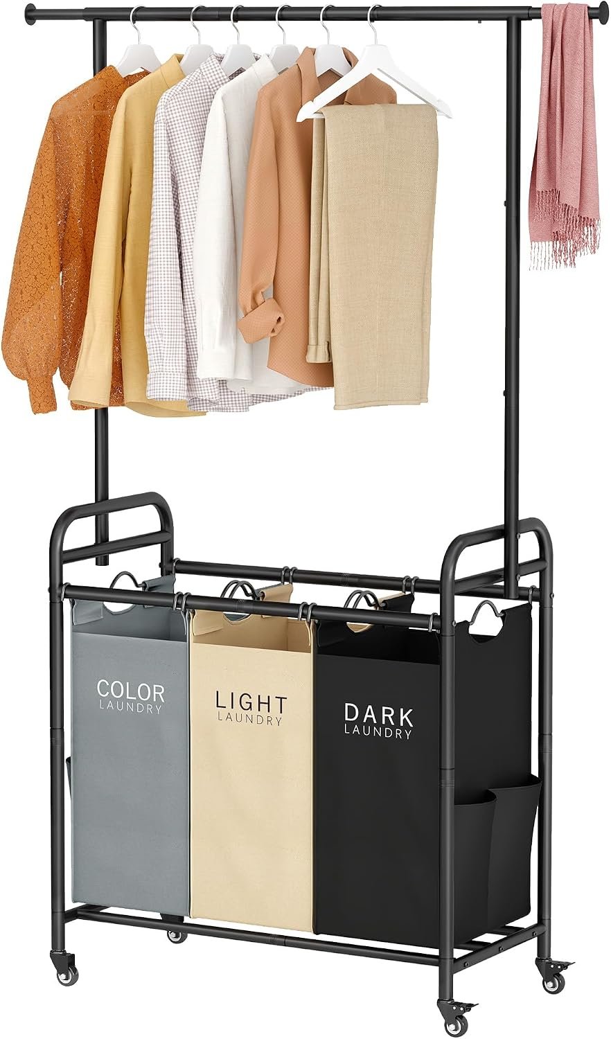 Tajsoon Laundry Sorter Cart with Hanging Clothes Rack, 3 Section, 3 Colors