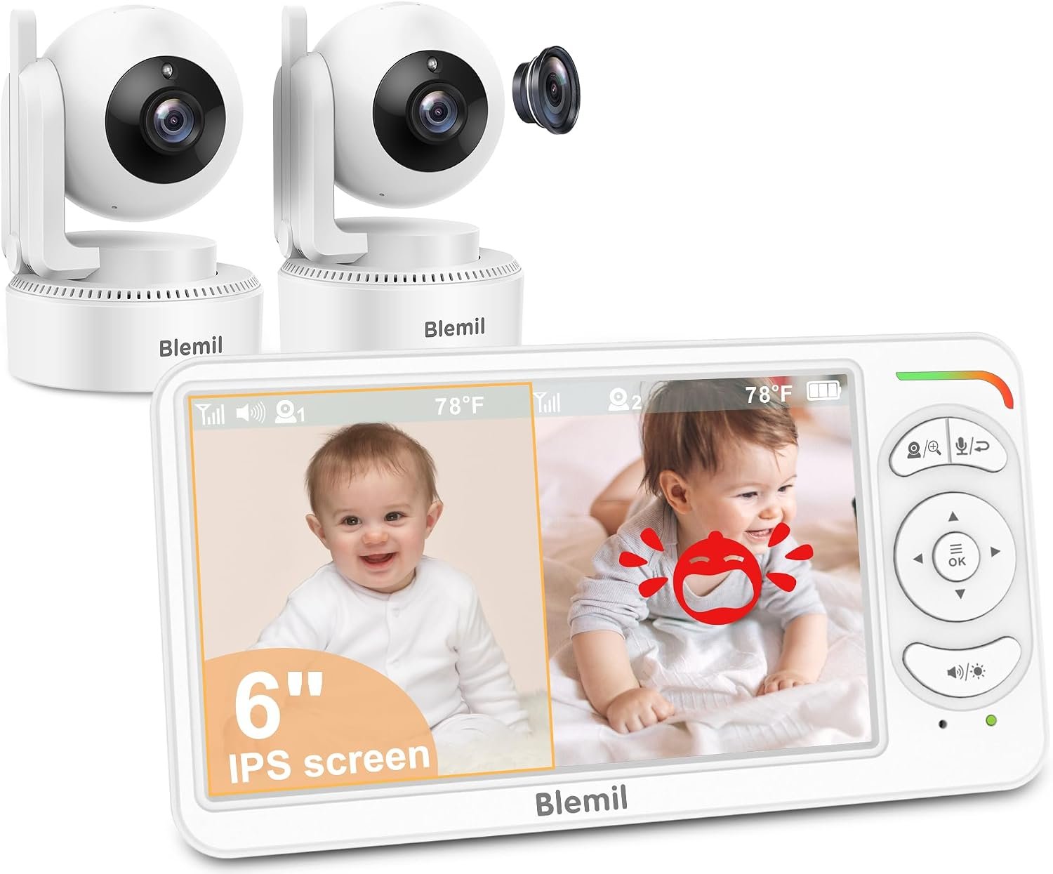 Blemil 6″ Split Screen Video Baby Monitor with 2 Cameras, 4000mAh Battery