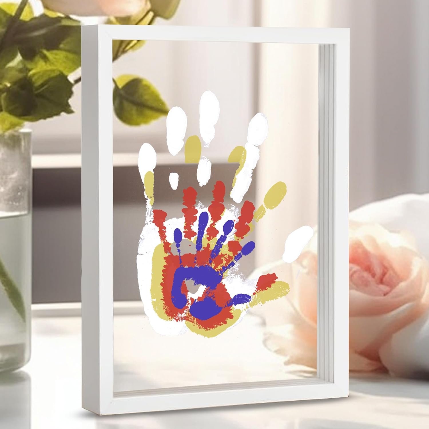 CHERRY CHEERS Family Handprint Kit, DIY Craft Keepsake Wooden Frame, Endless Gift Set, Non-Toxic Paints, Transparent Sheets (White)