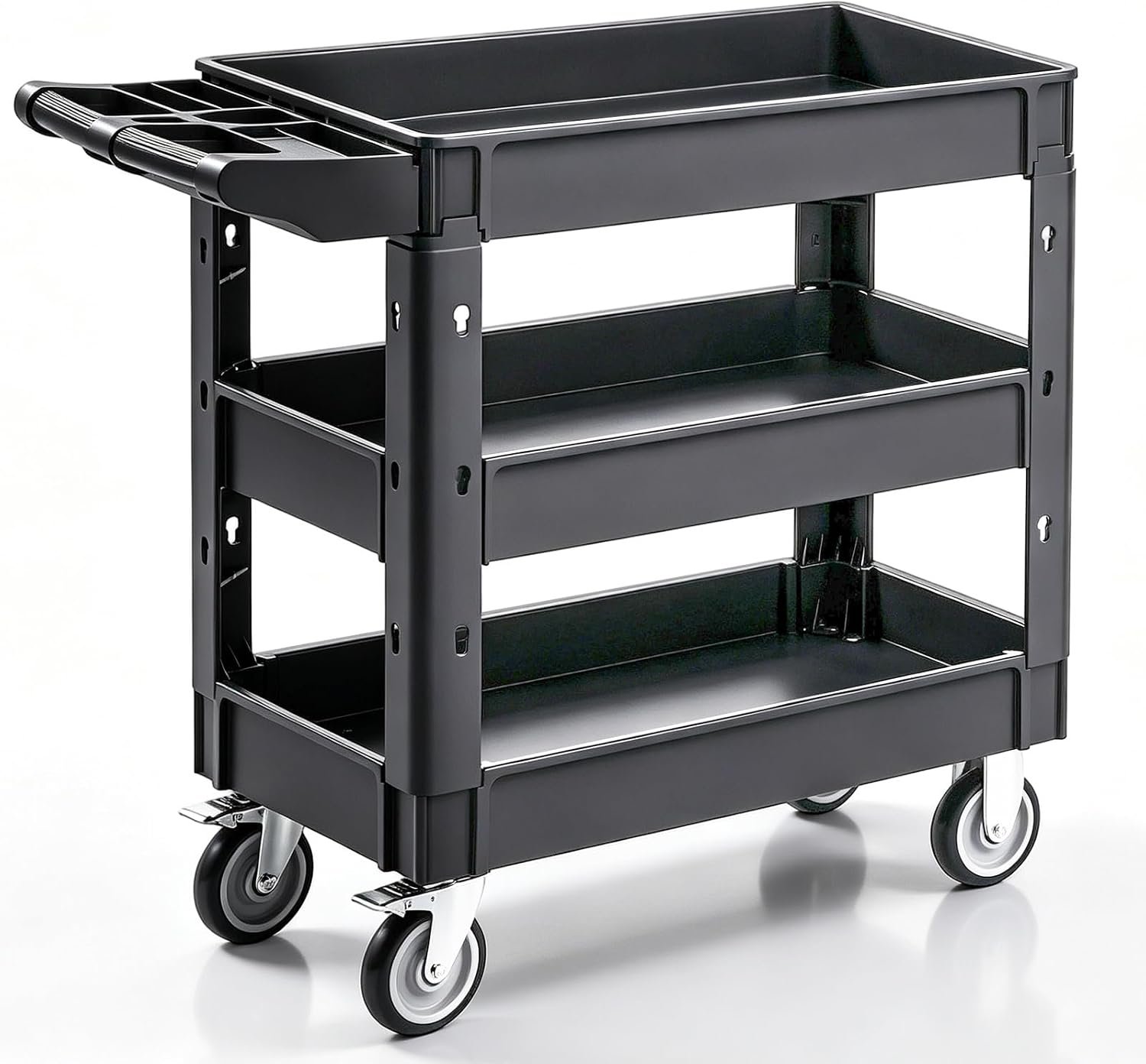 VEVOR Utility Cart, 3-Tier Plastic Service Cart with 550LBS Capacity, 360° Swivel Casters (Including 2 Locking Wheels), Medium Lipped Shelves, Ergonomic Handle, for Garage, Warehouse, Cleaning Tasks