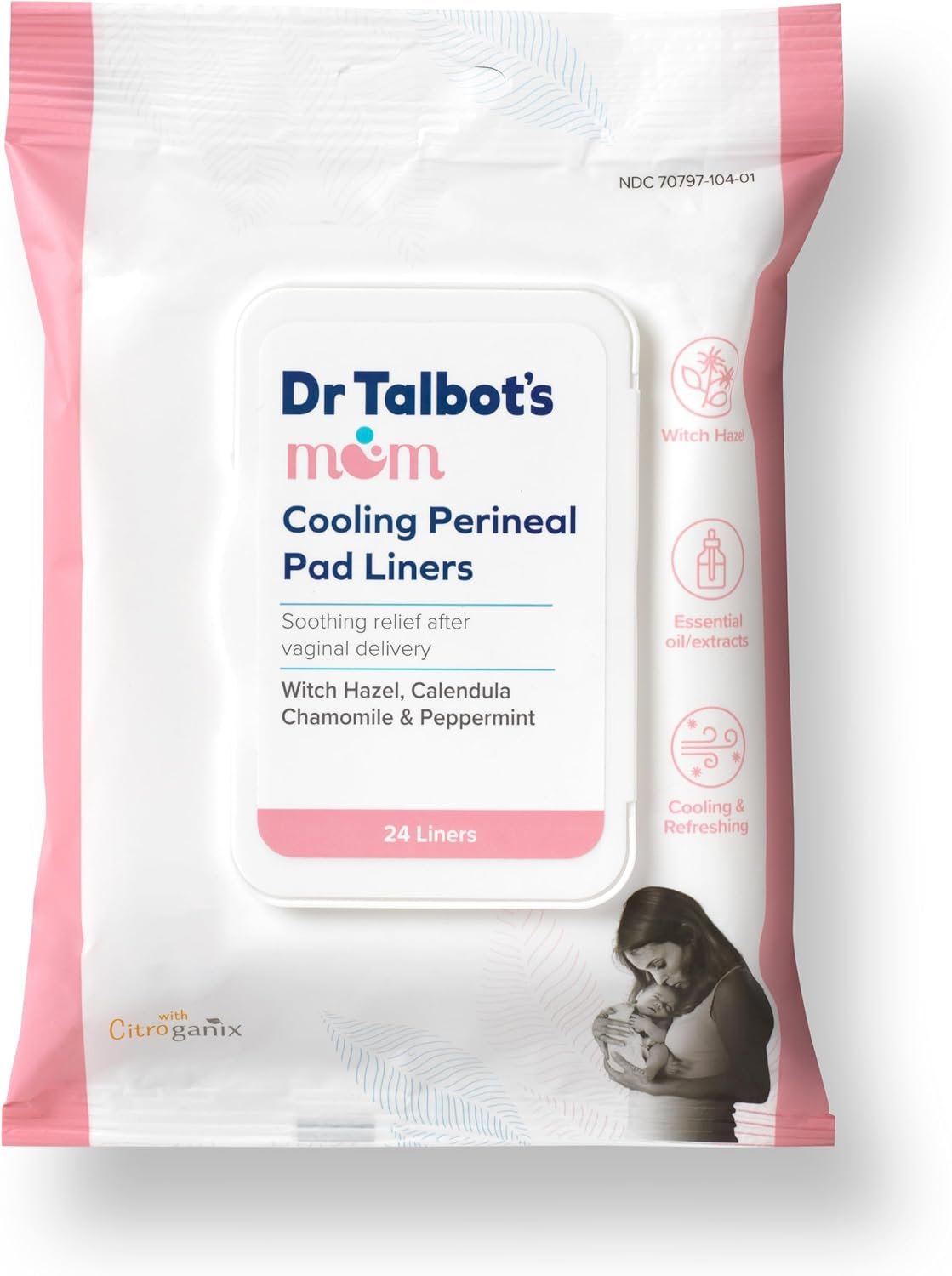Dr. Talbot’s Mom Witch Hazel Perineal Pad Liners – Quick Cooling Relief for Postpartum Care – 24 Count