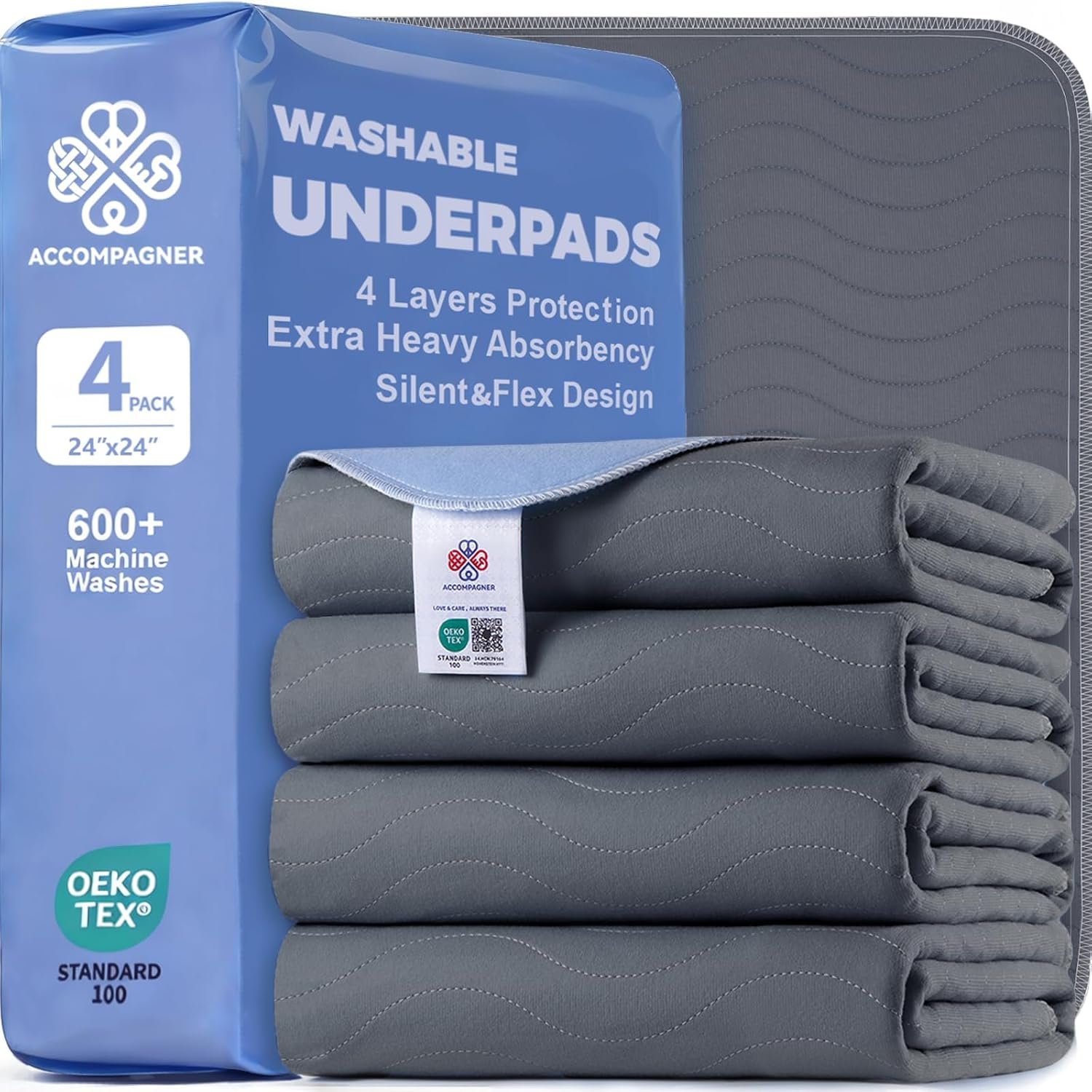 Accompagner Incontinence Bed Pads Washable Waterproof, Ultra-Absorbent Reusable Underpads for Diaper Changing, Nursing, Bedridden, Adults, Seniors, Kids and Dogs (Dark Gray, 24″x24″(Pack of 4))