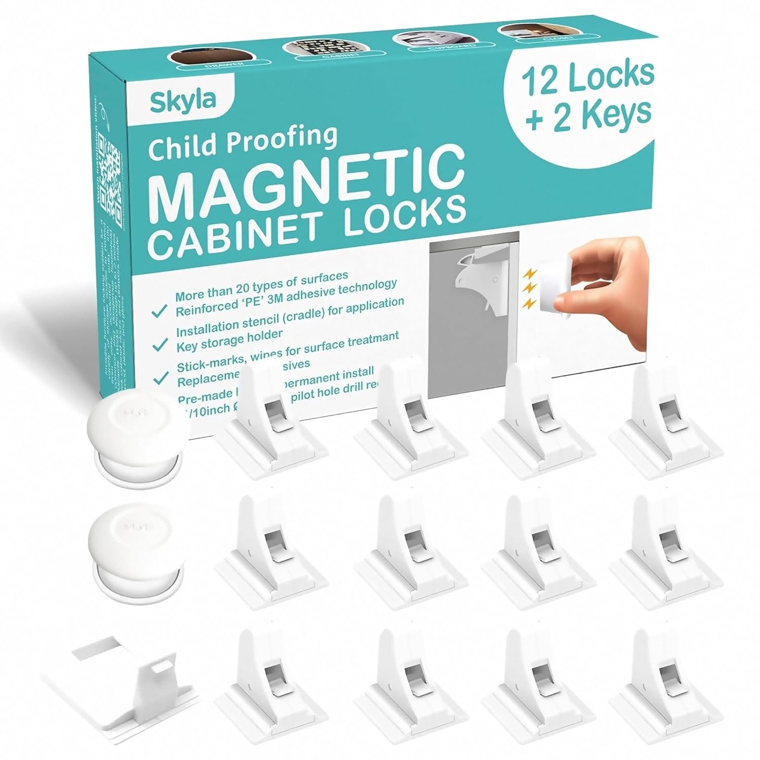 SKYLA HOMES Magnetic Cabinet Locks for Baby Proofing, 12 Pack, 2 Keys