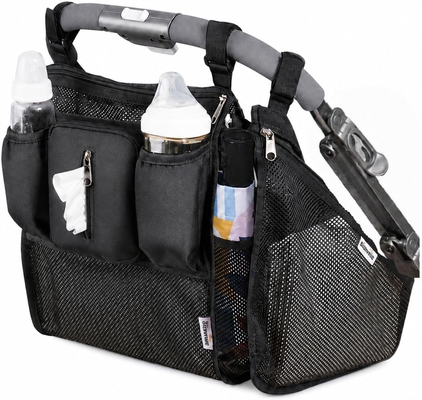 SUNVENO 2-pack Universal Stroller Organizer Caddy with Cup Holders, Wipes Pouch and Extra Storage, Zippered Mesh Side Sling for Pushchair, Black