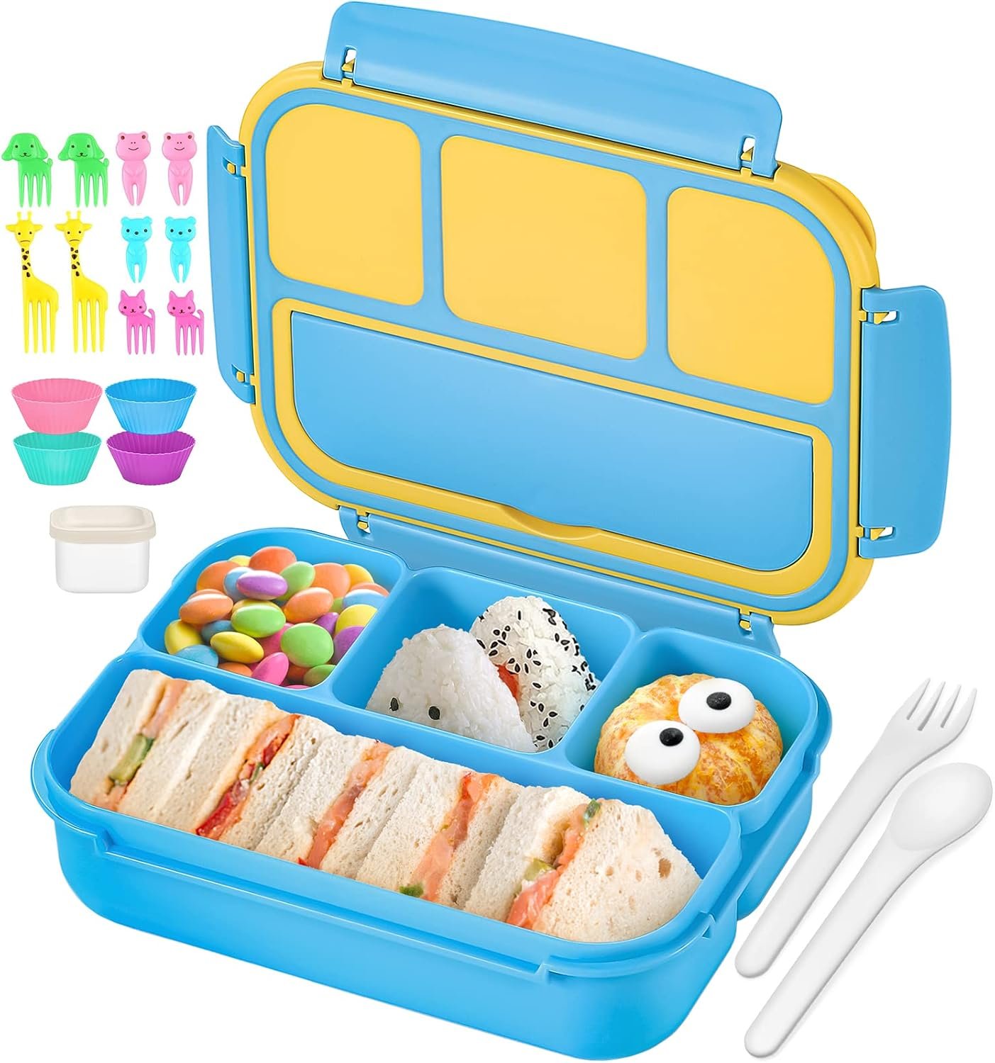 QQKO Bento Lunch Box for Kids Girls Boys, Toddler Kids Lunch Boxes for School, Lunch Containers for Adults with 4 Compartments, Sauce Container, Utensils, Food Picks and Muffin Cups, Blue