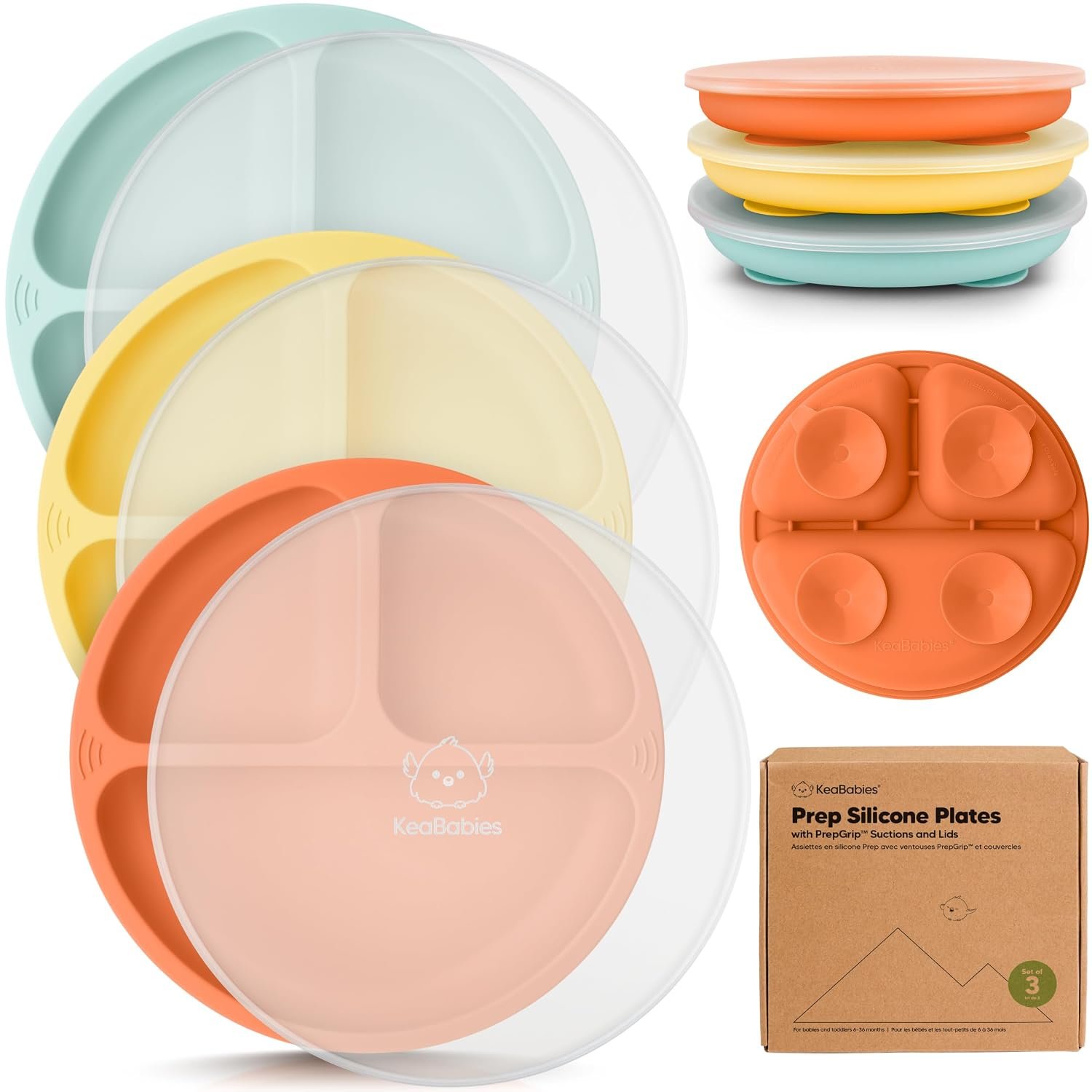 KeaBabies Suction Plates with Lids for Baby, 3-Pack, 100% Silicone (Amaze)