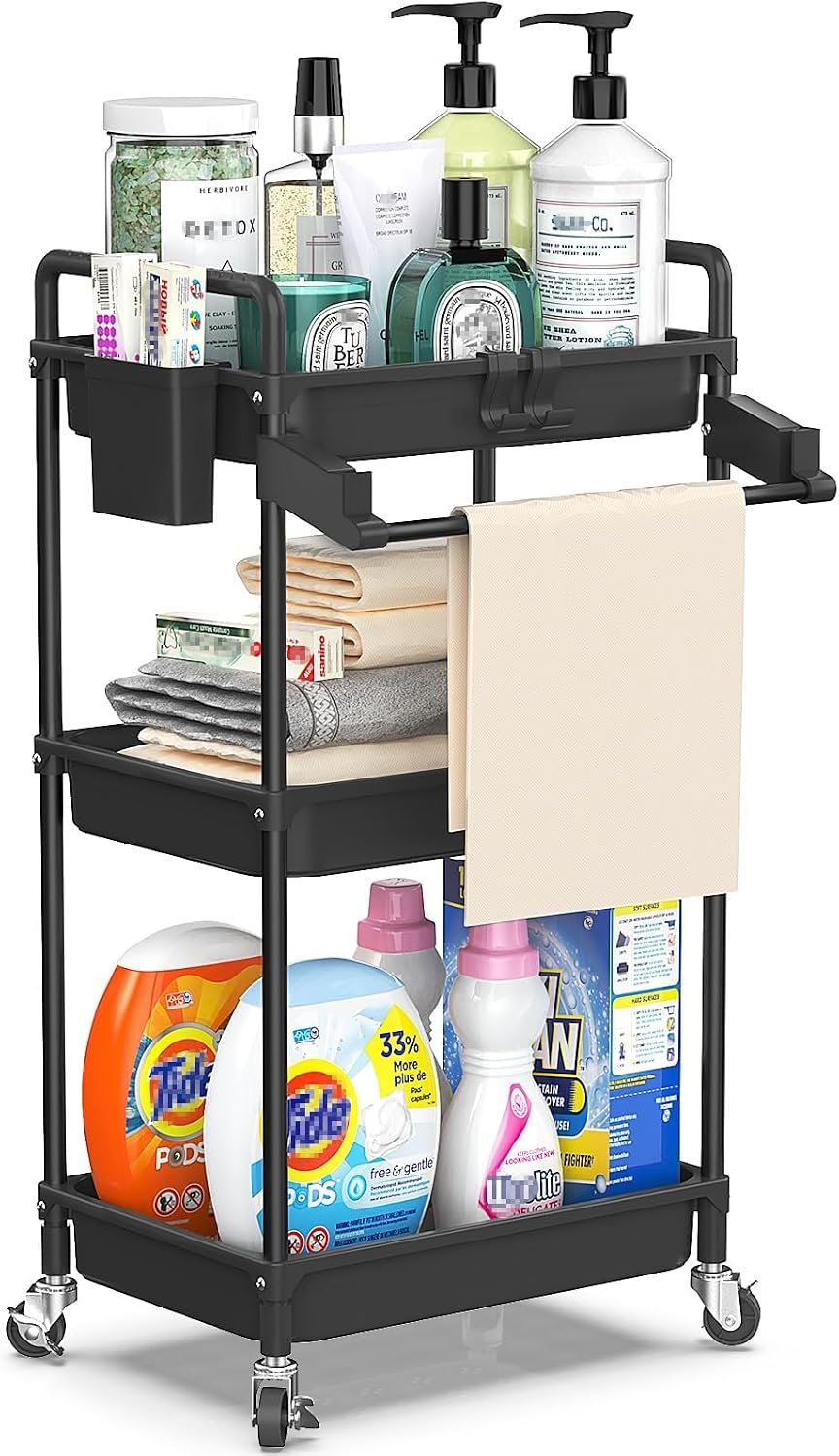 SPACEKEEPER Rolling Storage Cart, 3 Tier Utility Cart for Bathroom, Black