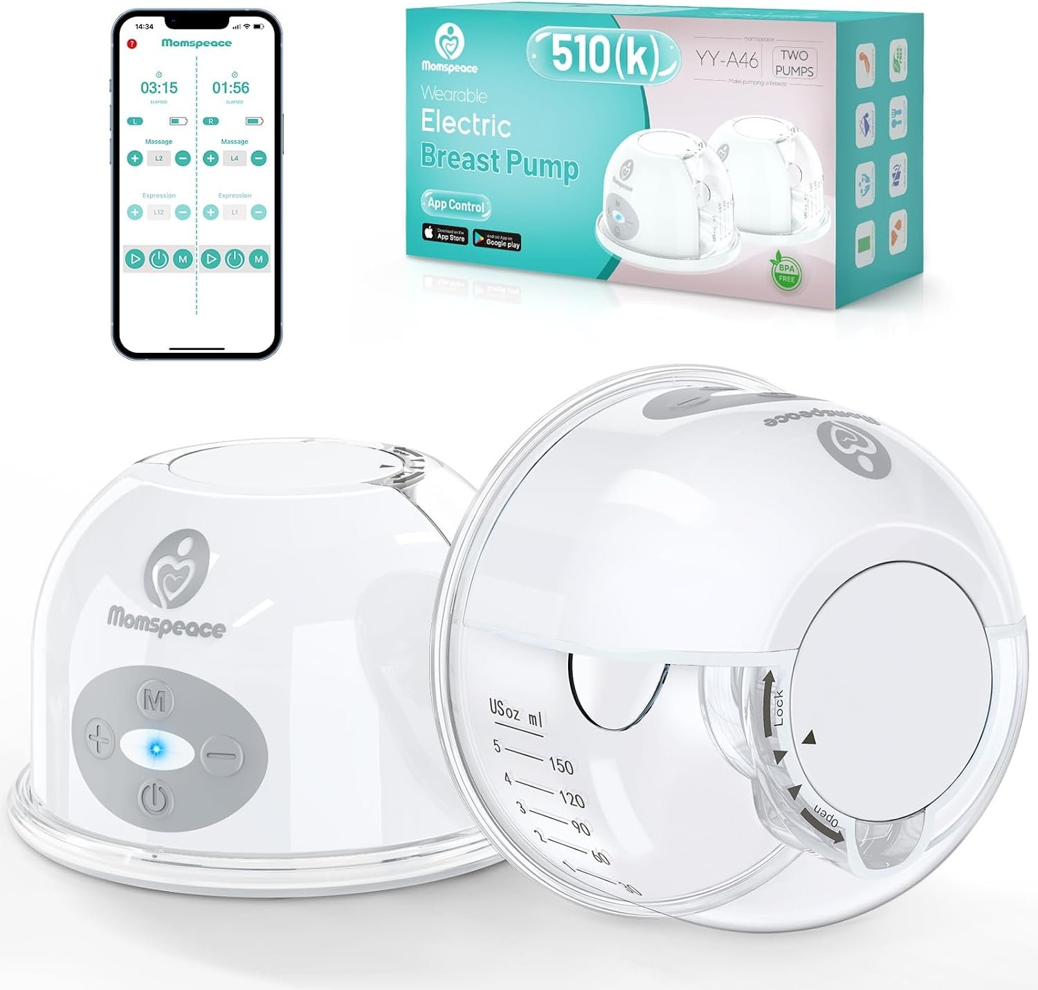 Hands Free Breast Pump, Momspeace Breast Pumps with App & Timer, Wearable Breast Milk Pump Hand Free, Wireless Portable Electric Breast Pump with 2 Modes & 12 Levels – 24mm, 2 Pack